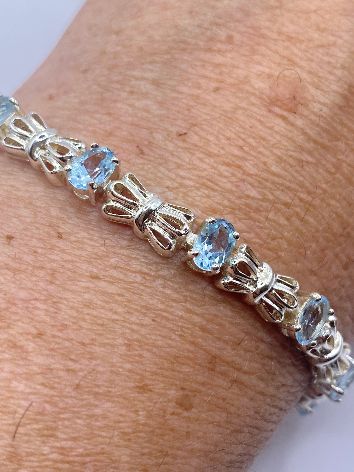 Vintage Genuine Blue Topaz Antique Rhodium 925 Sterling Silver Tennis Bracelet