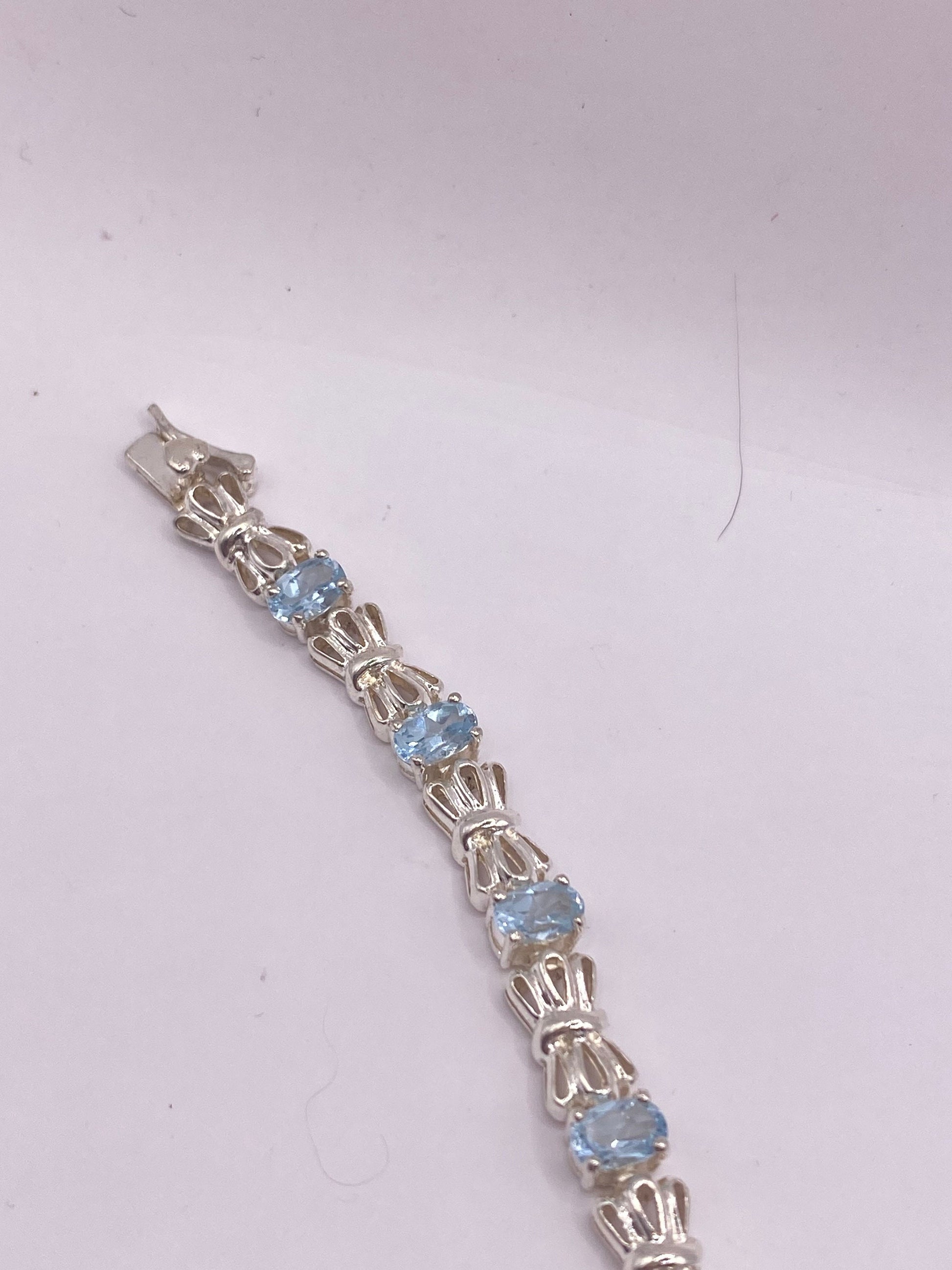 Vintage Genuine Blue Topaz Antique Rhodium 925 Sterling Silver Tennis Bracelet