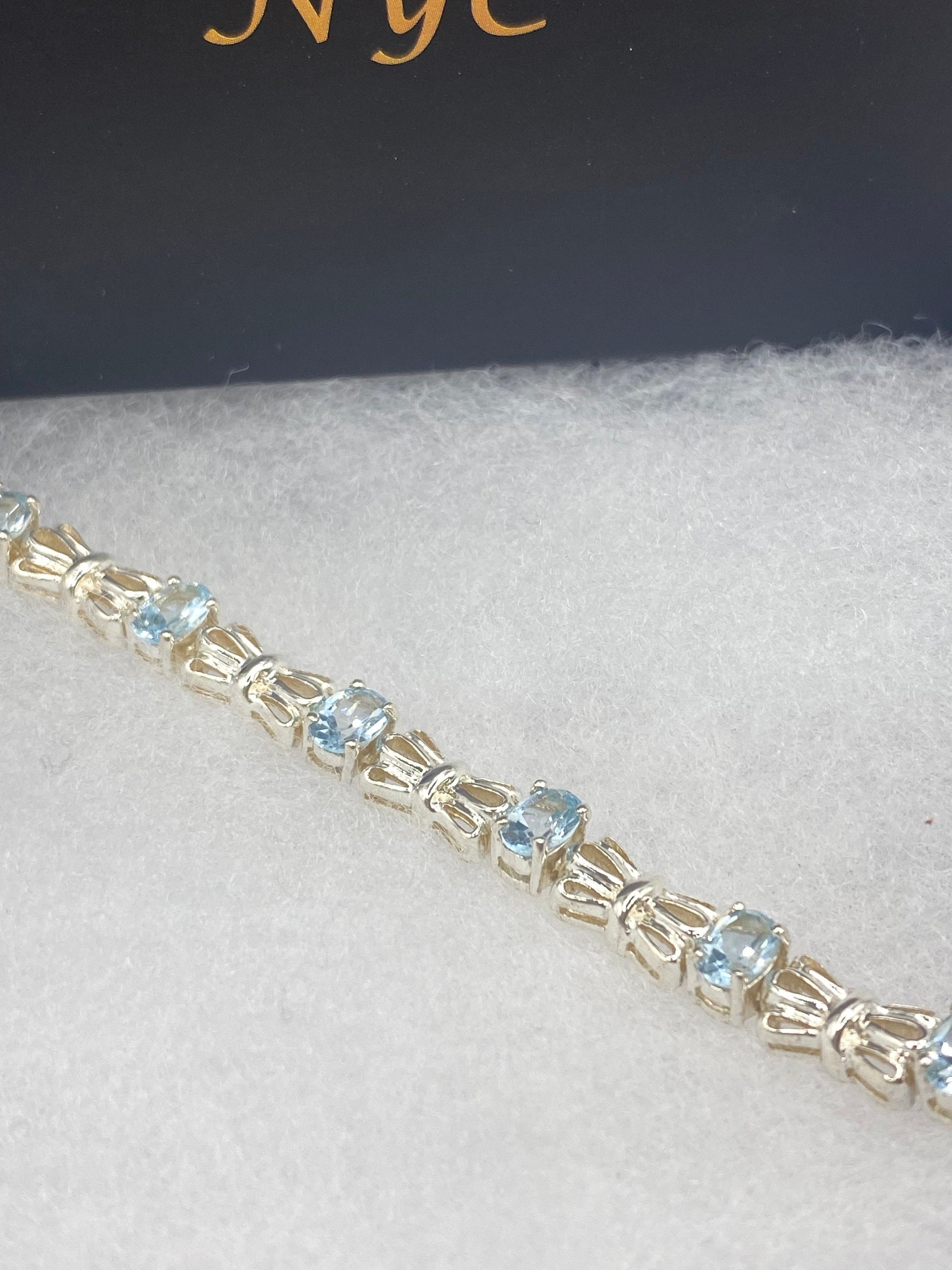 Vintage Genuine Blue Topaz Antique Rhodium 925 Sterling Silver Tennis Bracelet