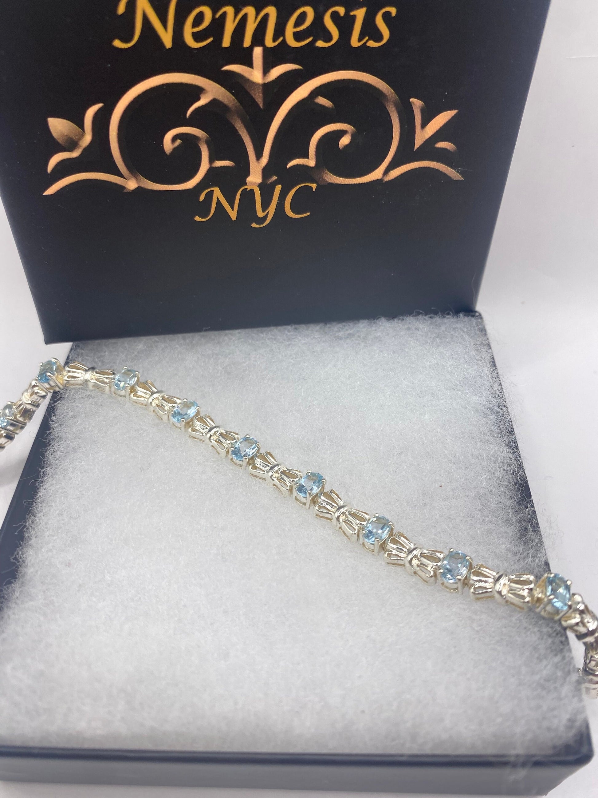 Vintage Genuine Blue Topaz Antique Rhodium 925 Sterling Silver Tennis Bracelet
