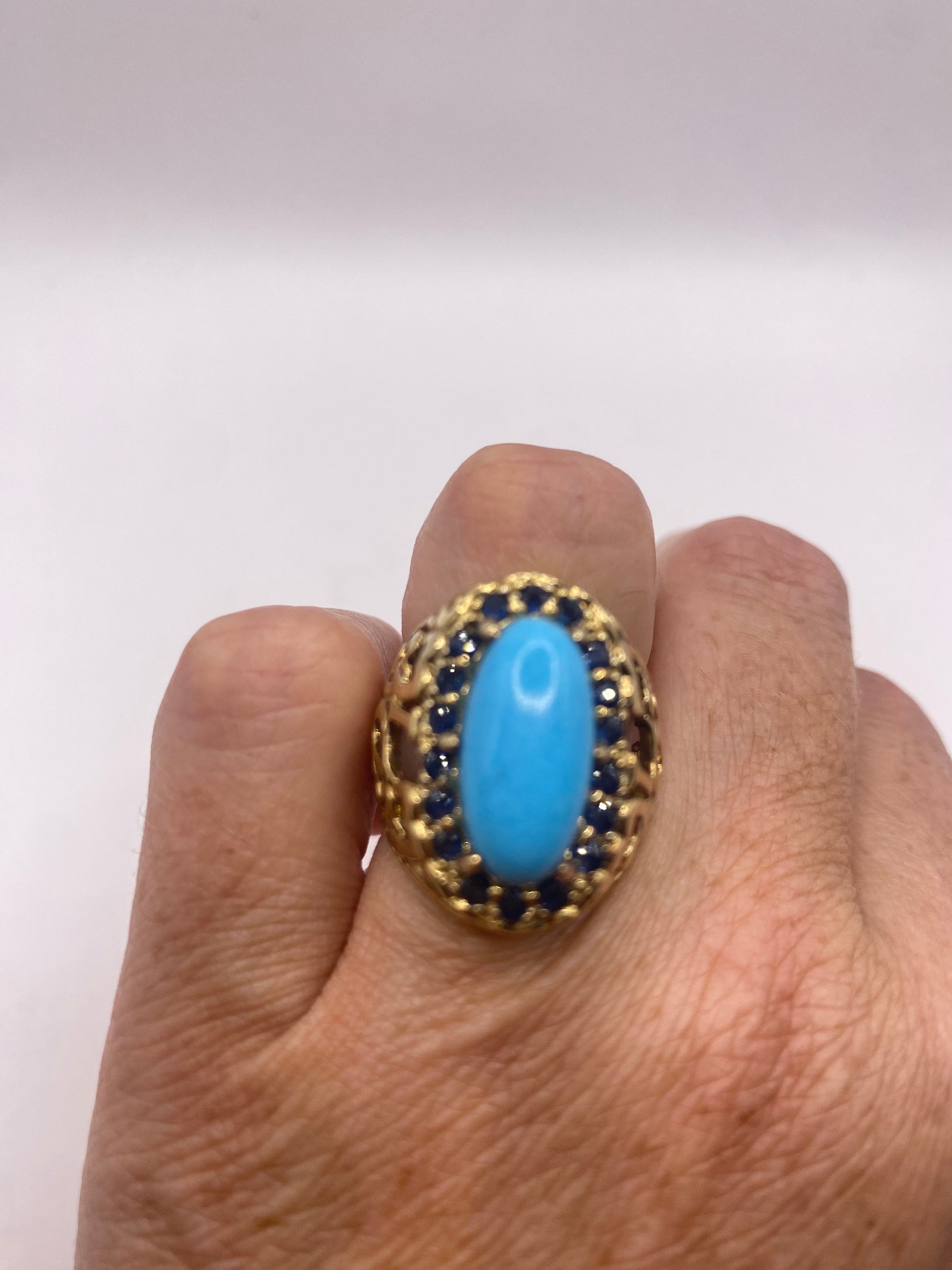 Vintage Tibetan Turquoise Gold 925 Sterling Silver Ring