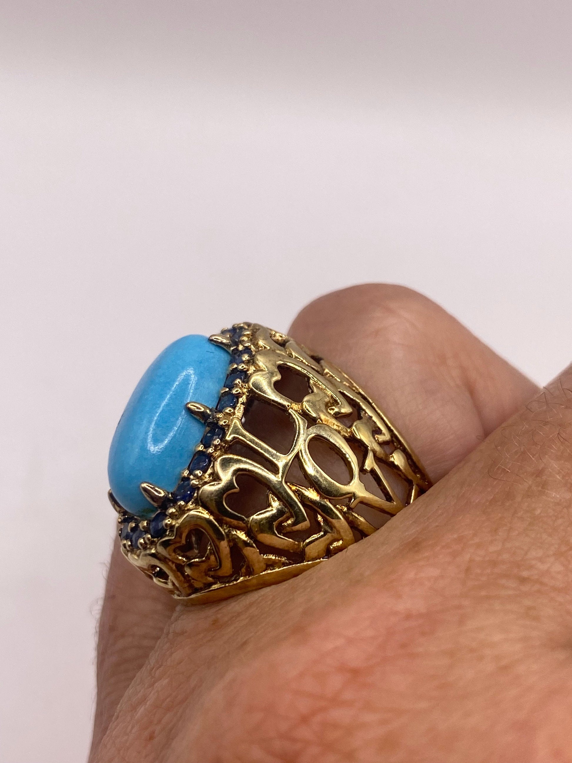 Vintage Tibetan Turquoise Gold 925 Sterling Silver Ring