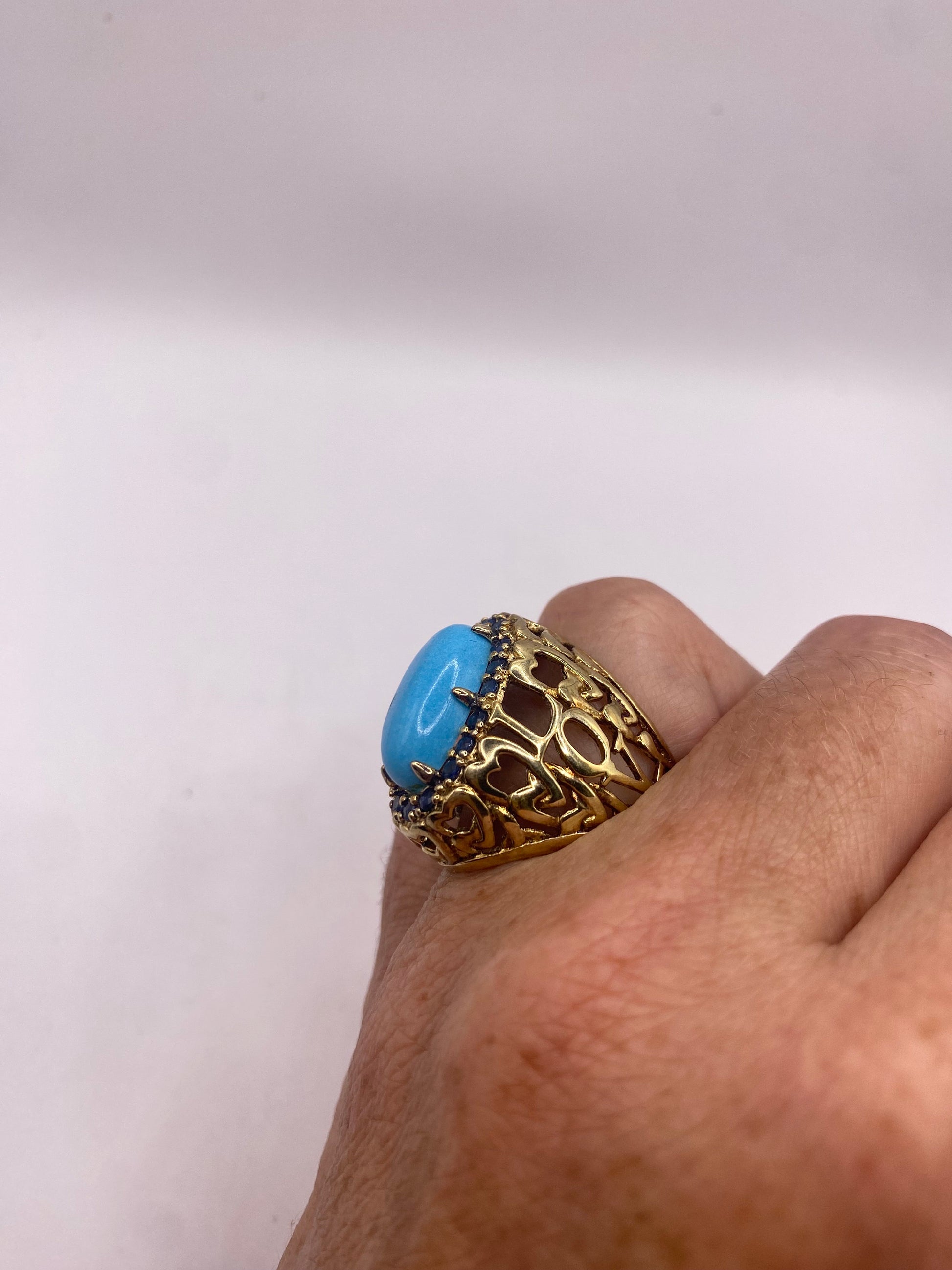 Vintage Tibetan Turquoise Gold 925 Sterling Silver Ring