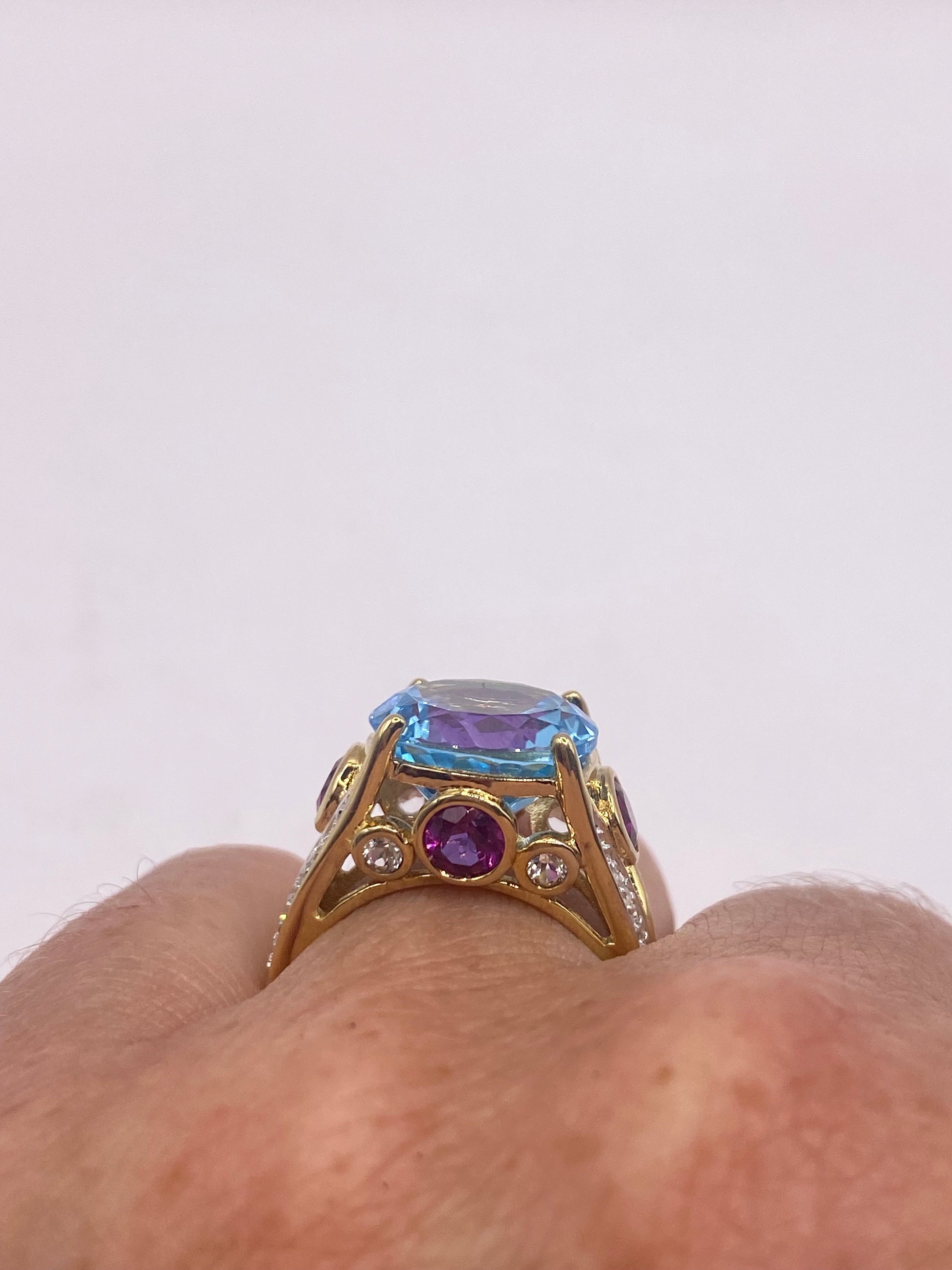Vintage Genuine Blue Topaz Red Tourmaline 925 Sterling Silver Cocktail Ring