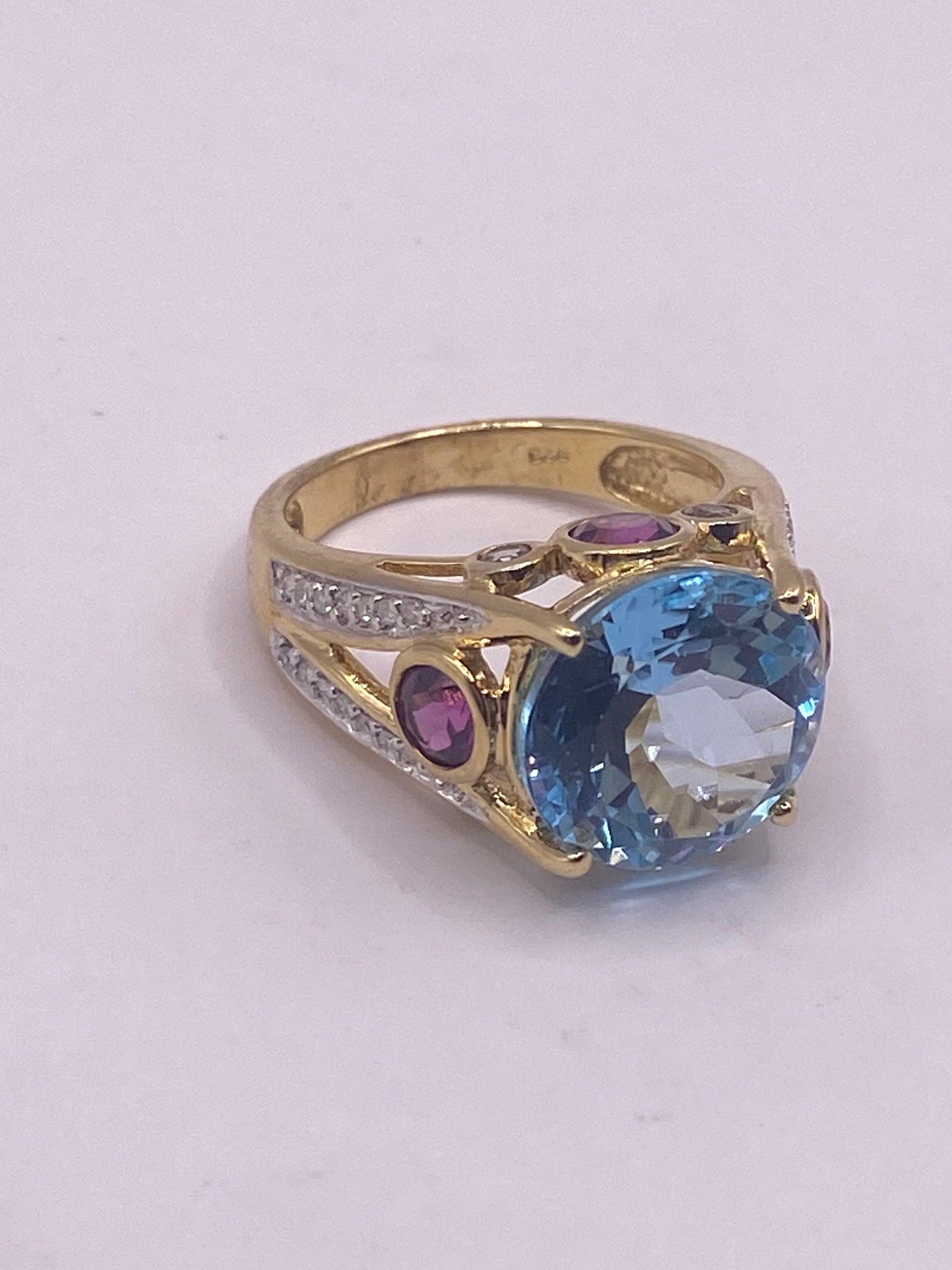 Vintage Genuine Blue Topaz Red Tourmaline 925 Sterling Silver Cocktail Ring