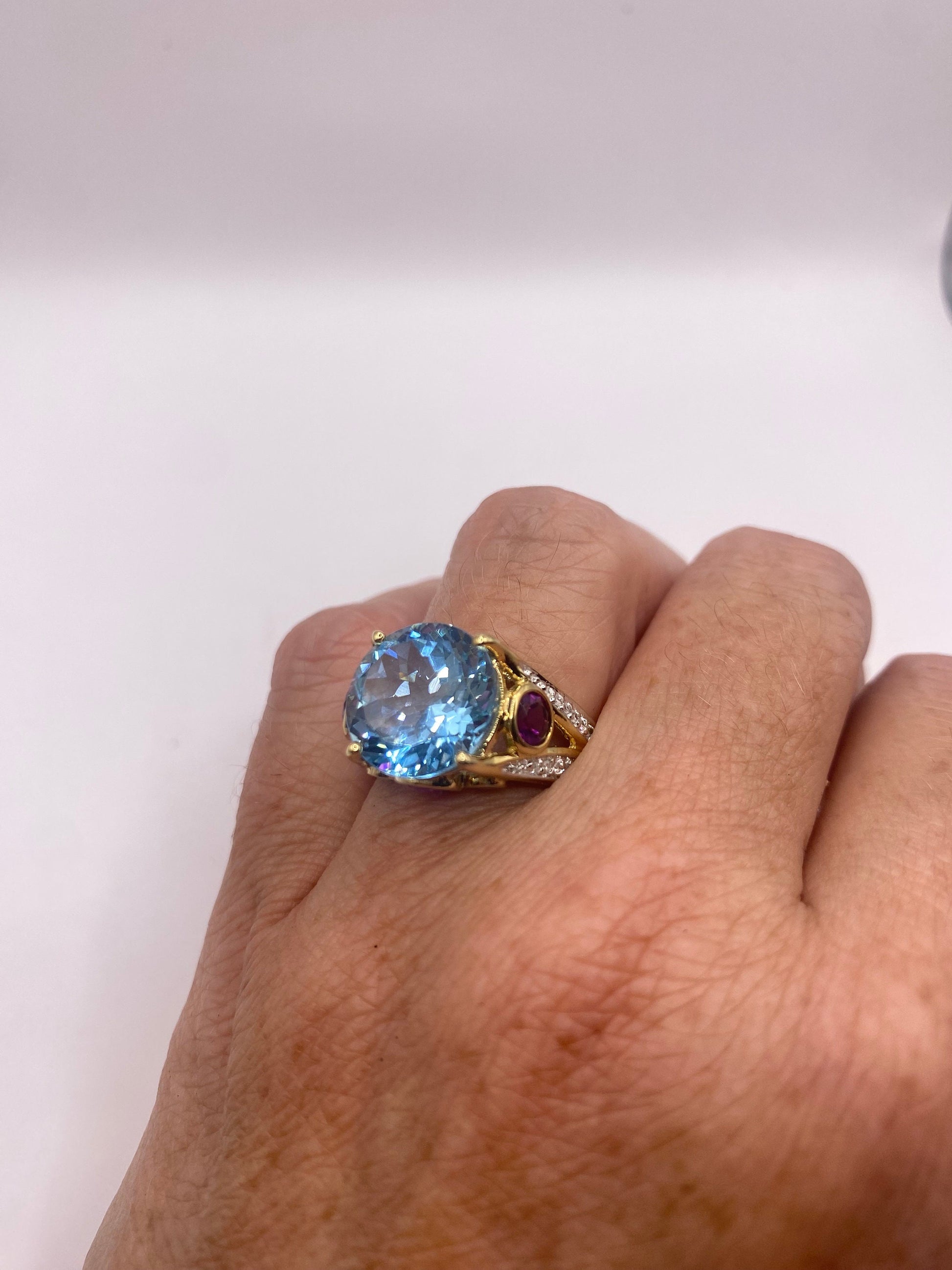 Vintage Genuine Blue Topaz Red Tourmaline 925 Sterling Silver Cocktail Ring