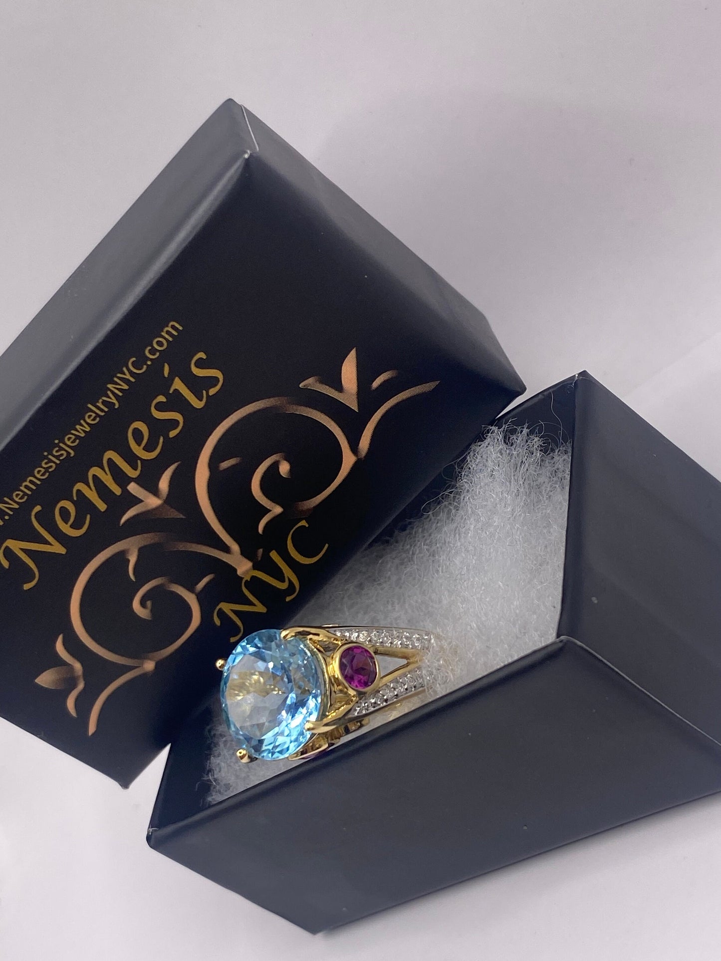 Vintage Genuine Blue Topaz Red Tourmaline 925 Sterling Silver Cocktail Ring