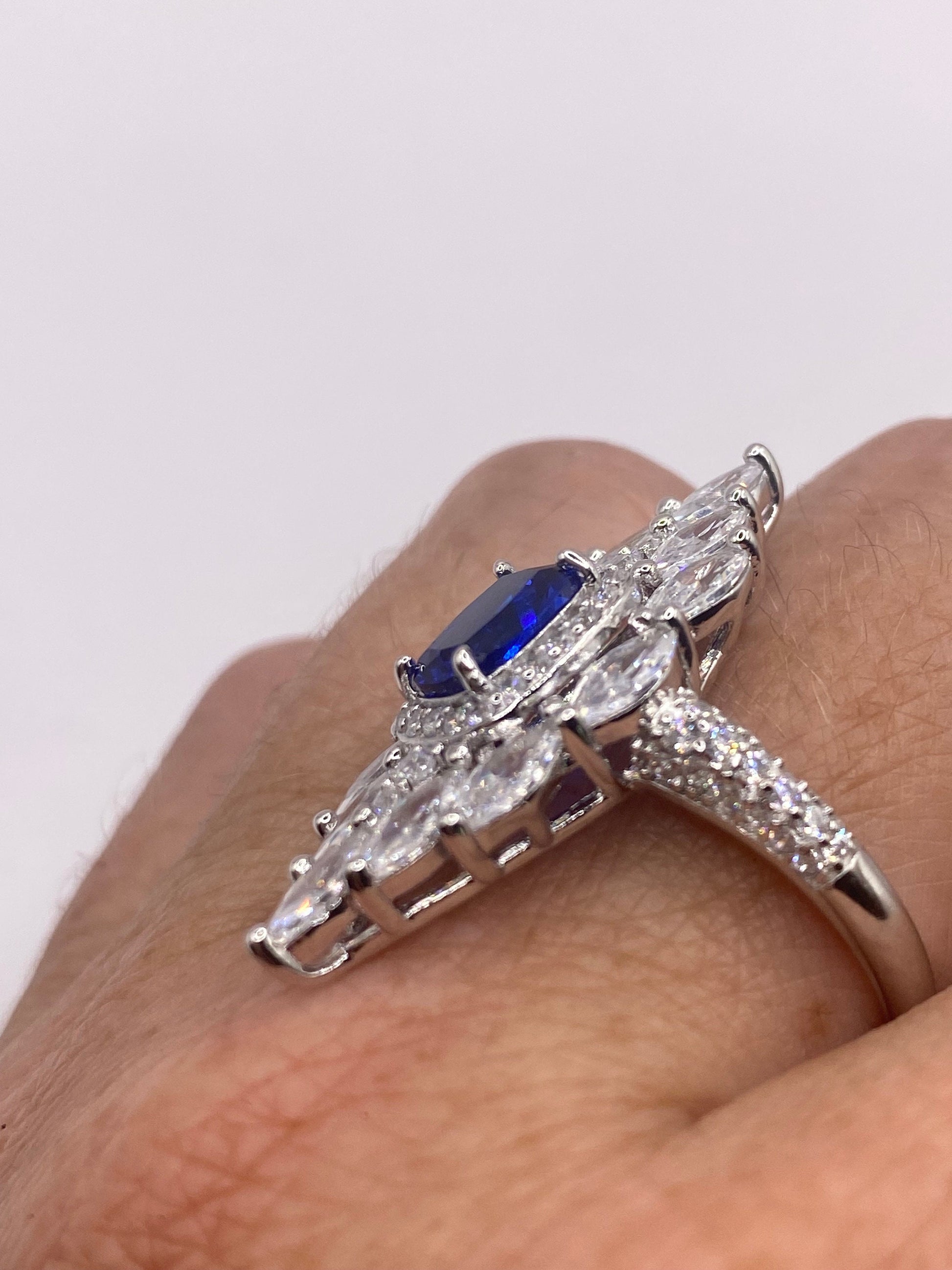 Vintage Blue Sapphire Cubic Zirconia Crystal Sterling Silver Ring Size 9