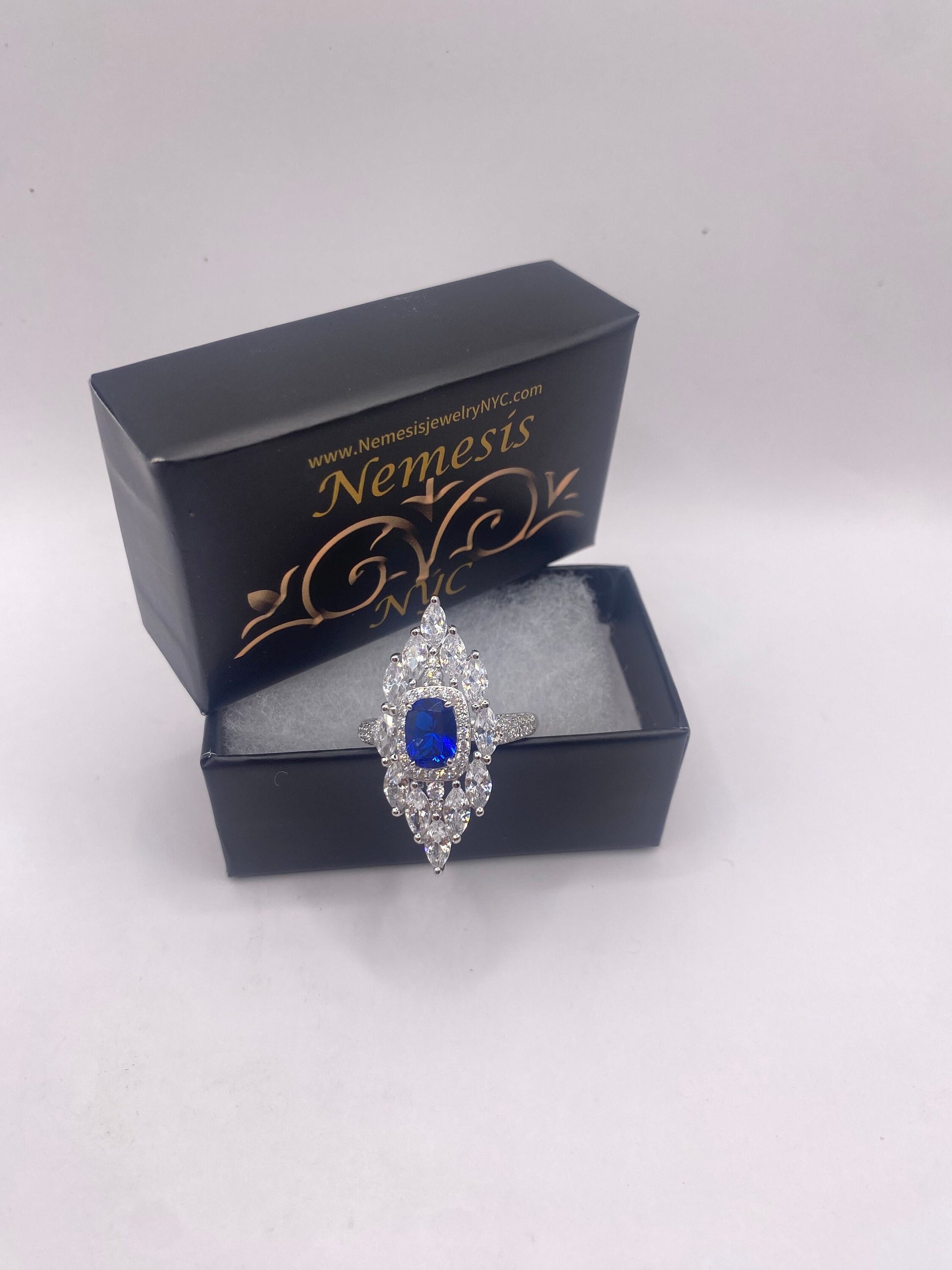 Vintage Blue Sapphire Cubic Zirconia Crystal Sterling Silver Ring Size 9