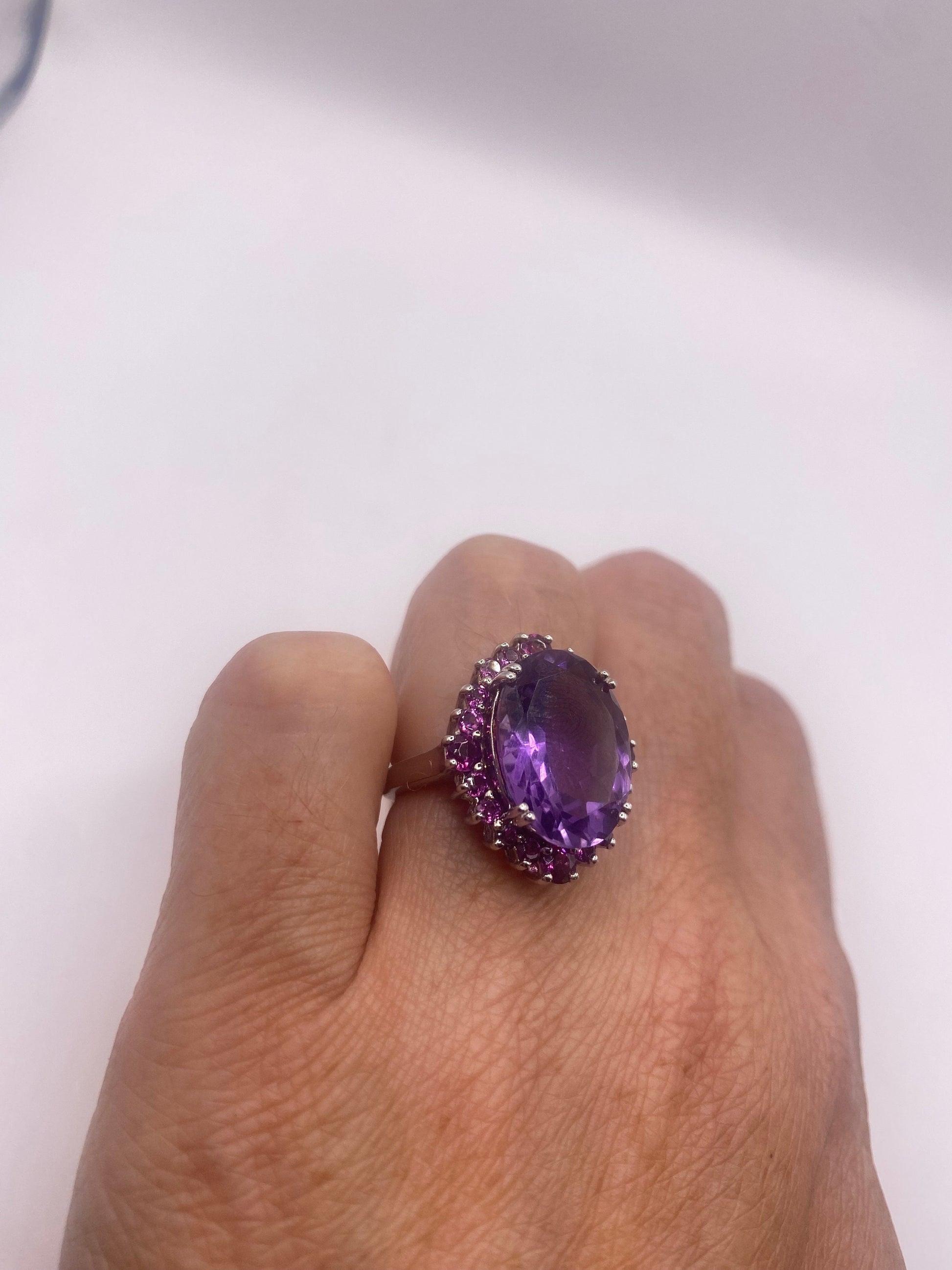 Vintage Purple Amethyst Red Tourmaline 925 Sterling Silver Cocktail Ring