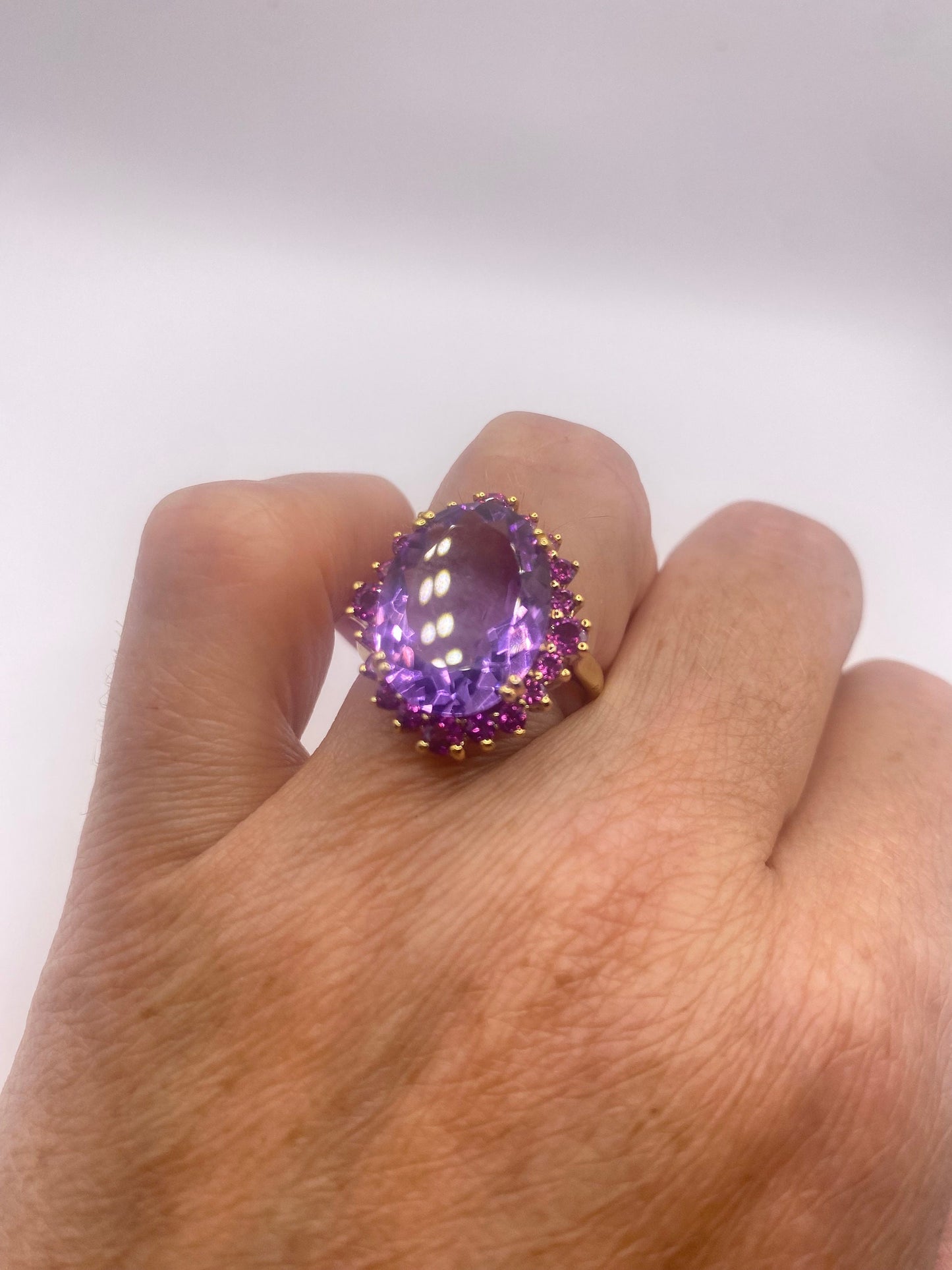 Vintage Purple Amethyst Red Tourmaline Gold 925 Sterling Silver Cocktail Ring