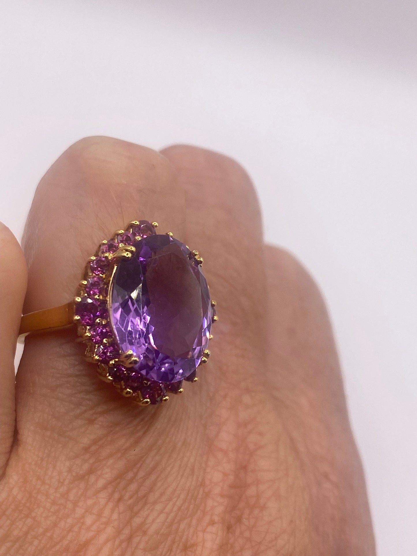 Vintage Purple Amethyst Red Tourmaline Gold 925 Sterling Silver Cocktail Ring