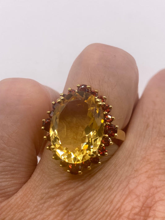 Vintage Golden Citrine and Red Garnet 925 Gold Sterling Silver Ring