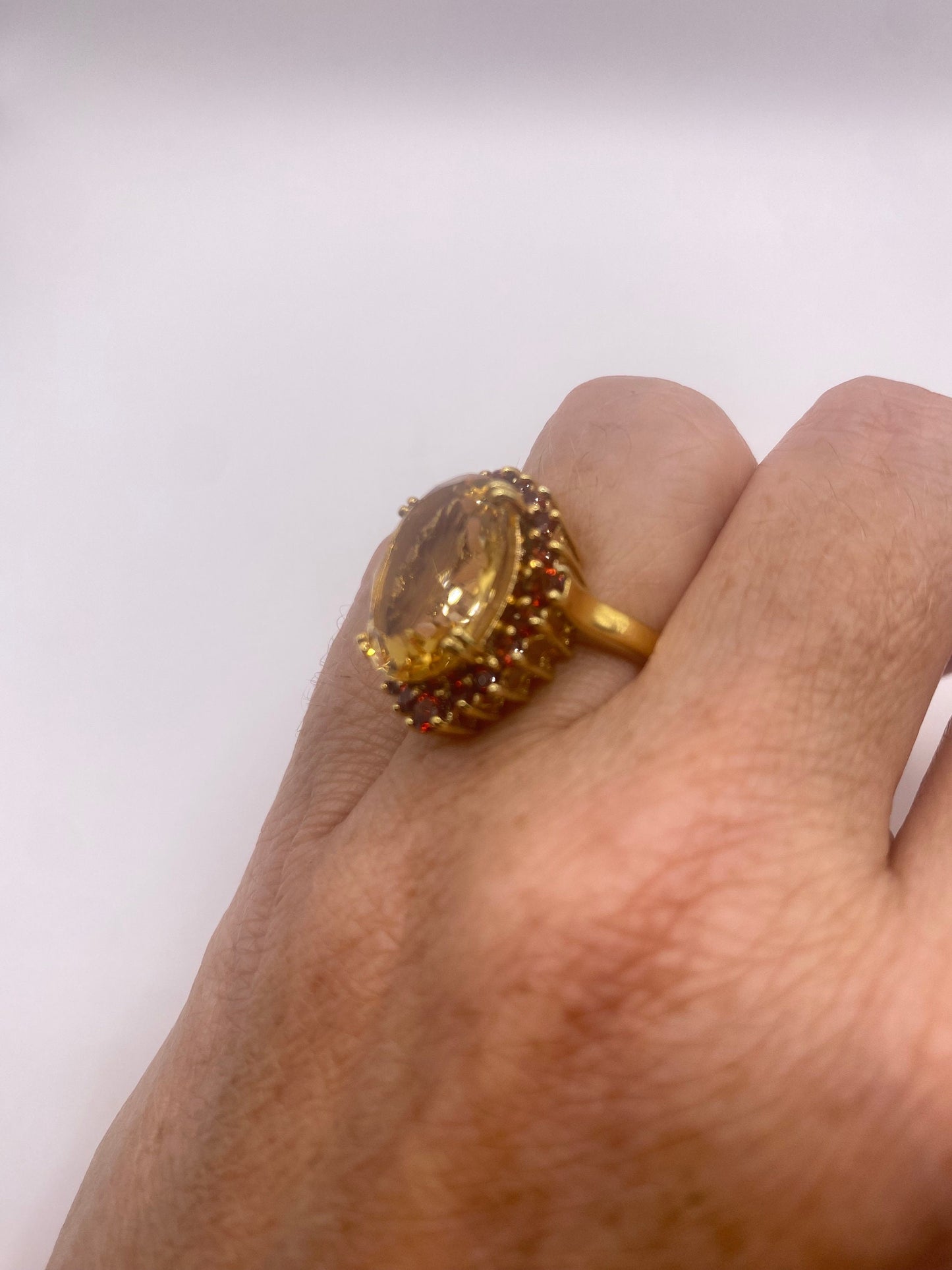 Vintage Golden Citrine and Red Garnet 925 Gold Sterling Silver Ring