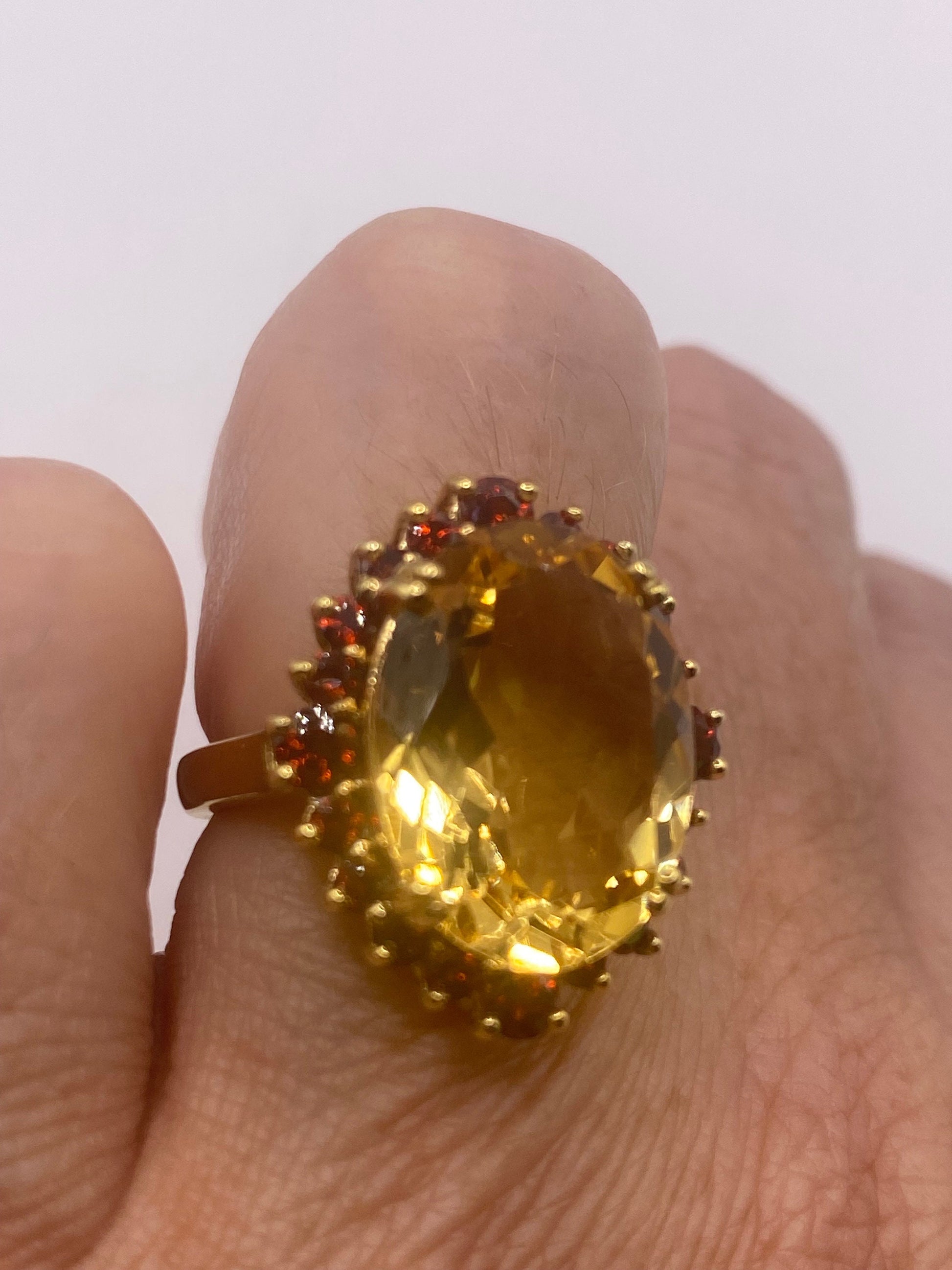 Vintage Golden Citrine and Red Garnet 925 Gold Sterling Silver Ring