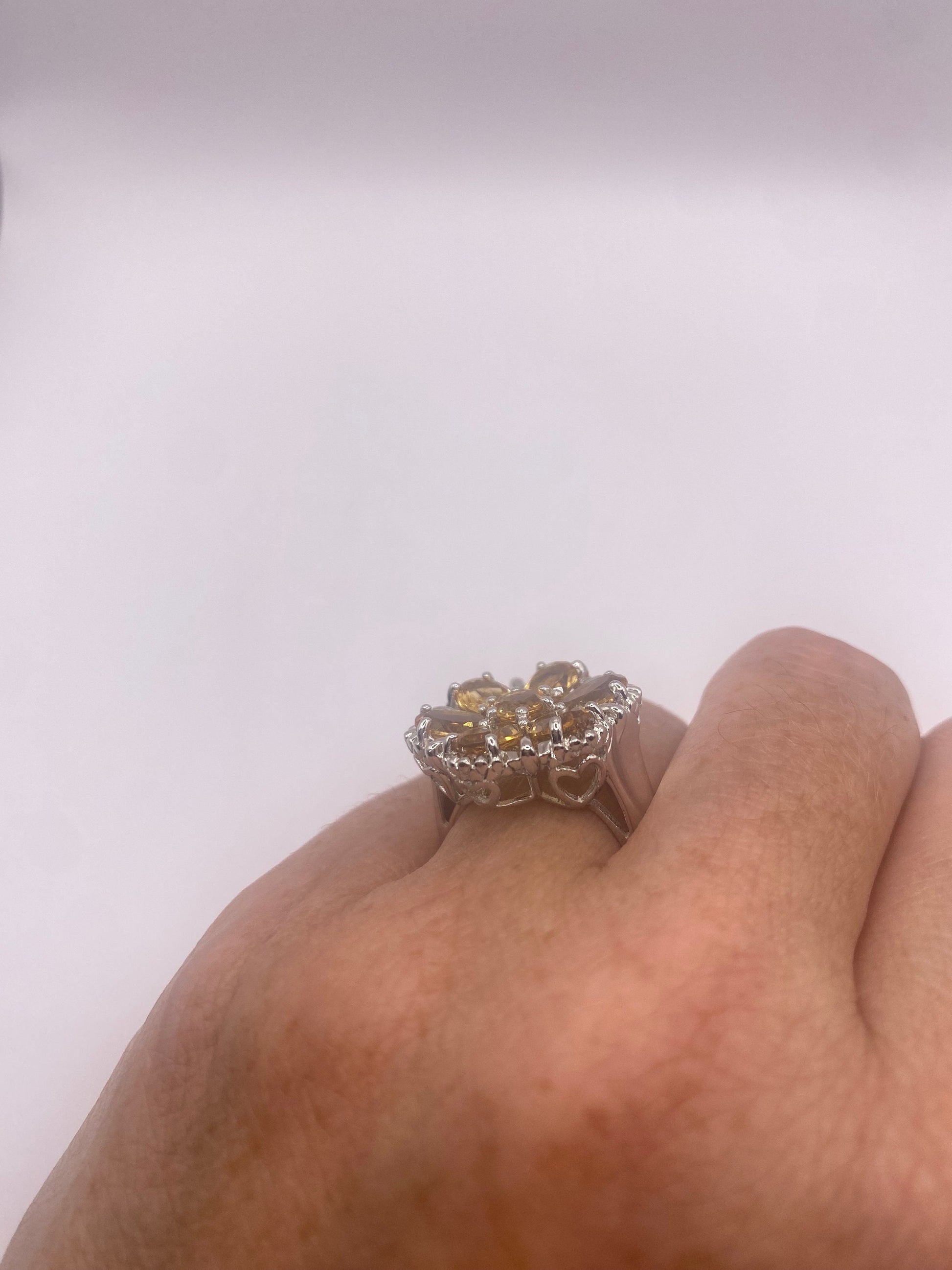 Vintage Golden Citrine and White Sapphire 925 Sterling Silver Ring