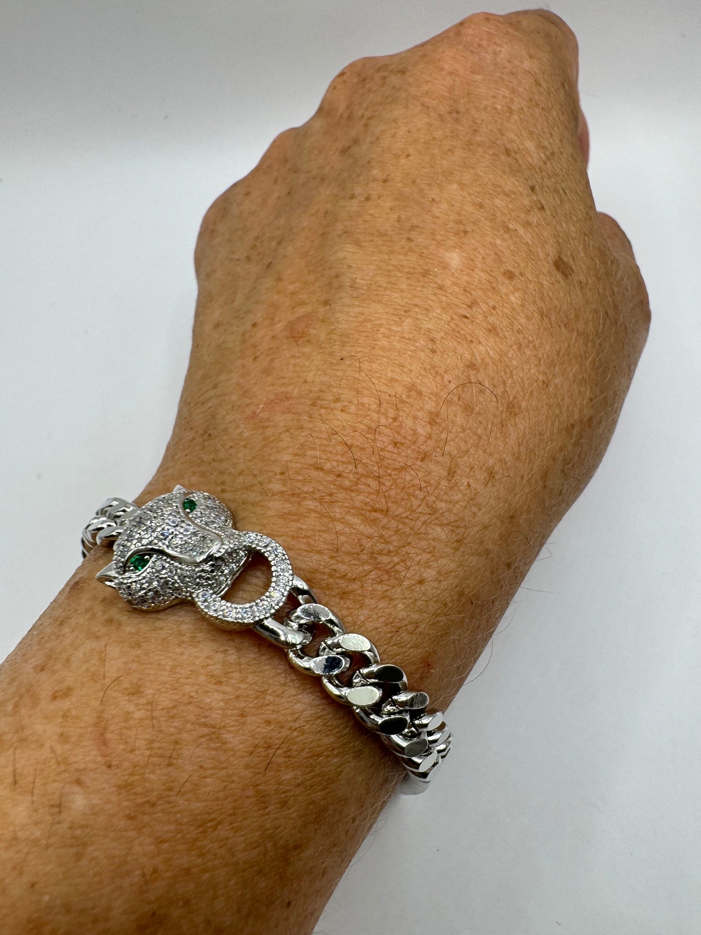 Vintage Cougar Cat Bracelet White Gold filled Green Crystal Eyes