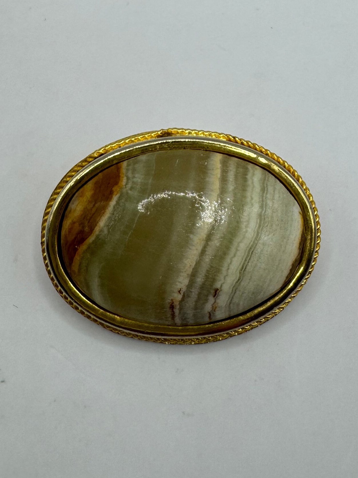 Vintage Green Agate Gold Bronze Brooch