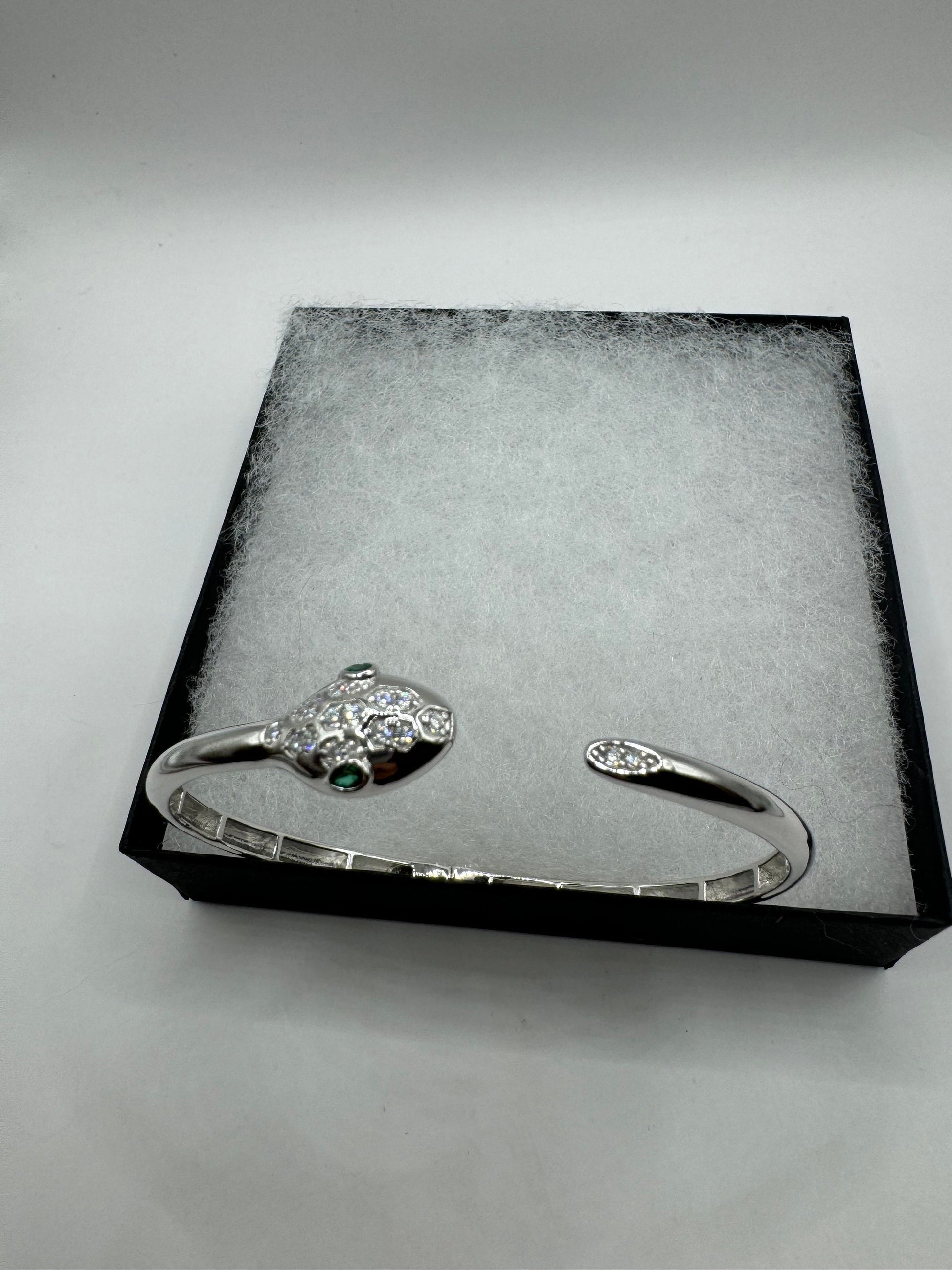 Vintage Snake Bangle Cuff Bracelet 925 Sterling Silver Crystal Pave