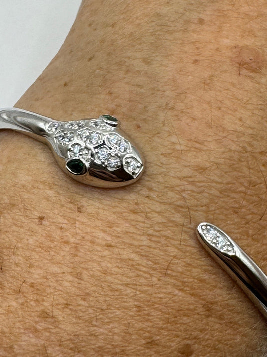 Vintage Snake Bangle Cuff Bracelet 925 Sterling Silver Crystal Pave