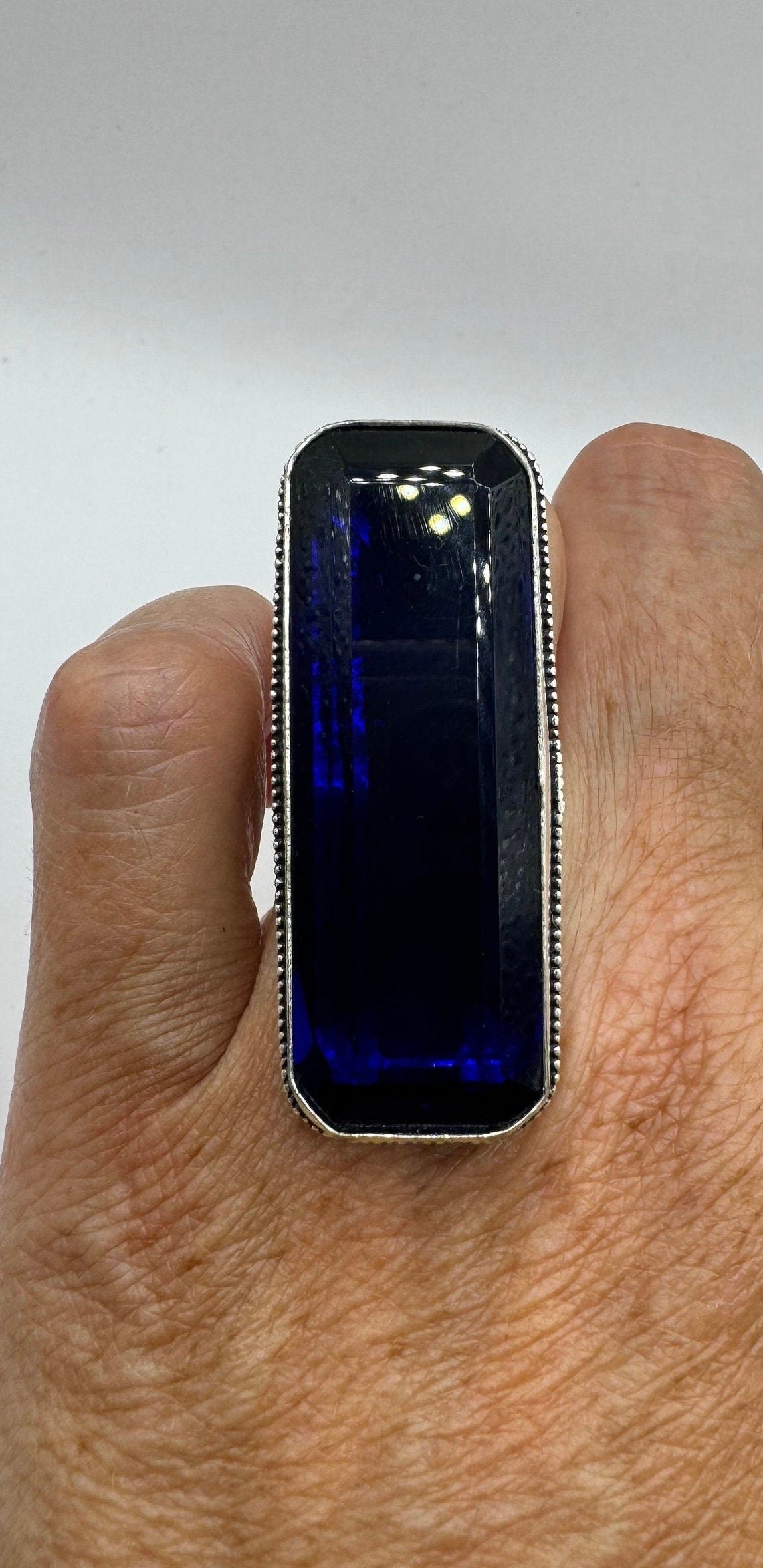 Vintage Blue Colbolt Glass Deco Cocktail Ring Size 6.5
