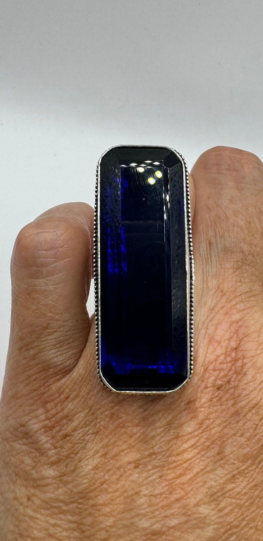 Vintage Blue Colbolt Glass Deco Cocktail Ring Size 6.5