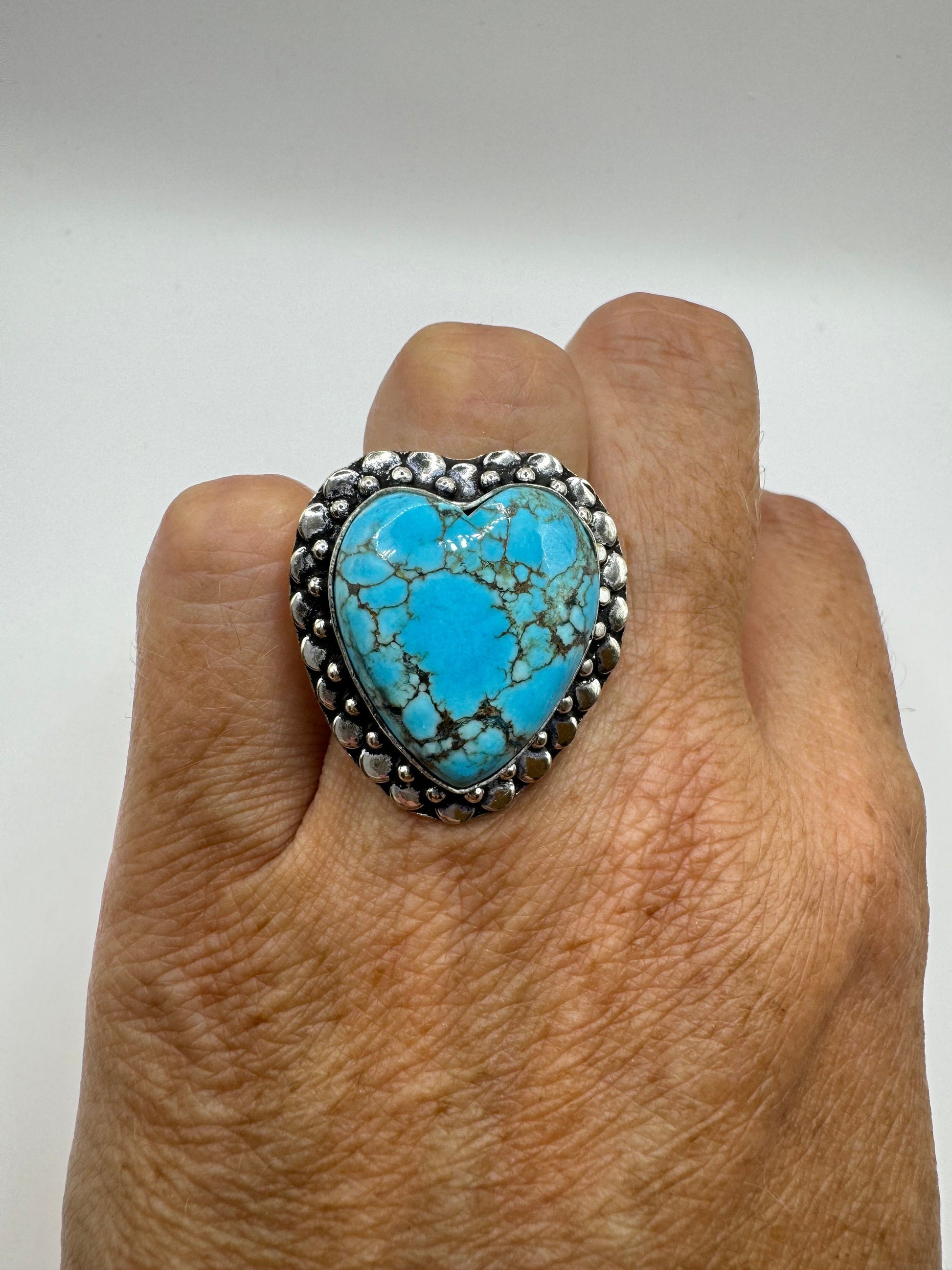 Vintage Blue Genuine Tibetan Turquoise Statement Chunky Heart Cocktail Ring Size 7