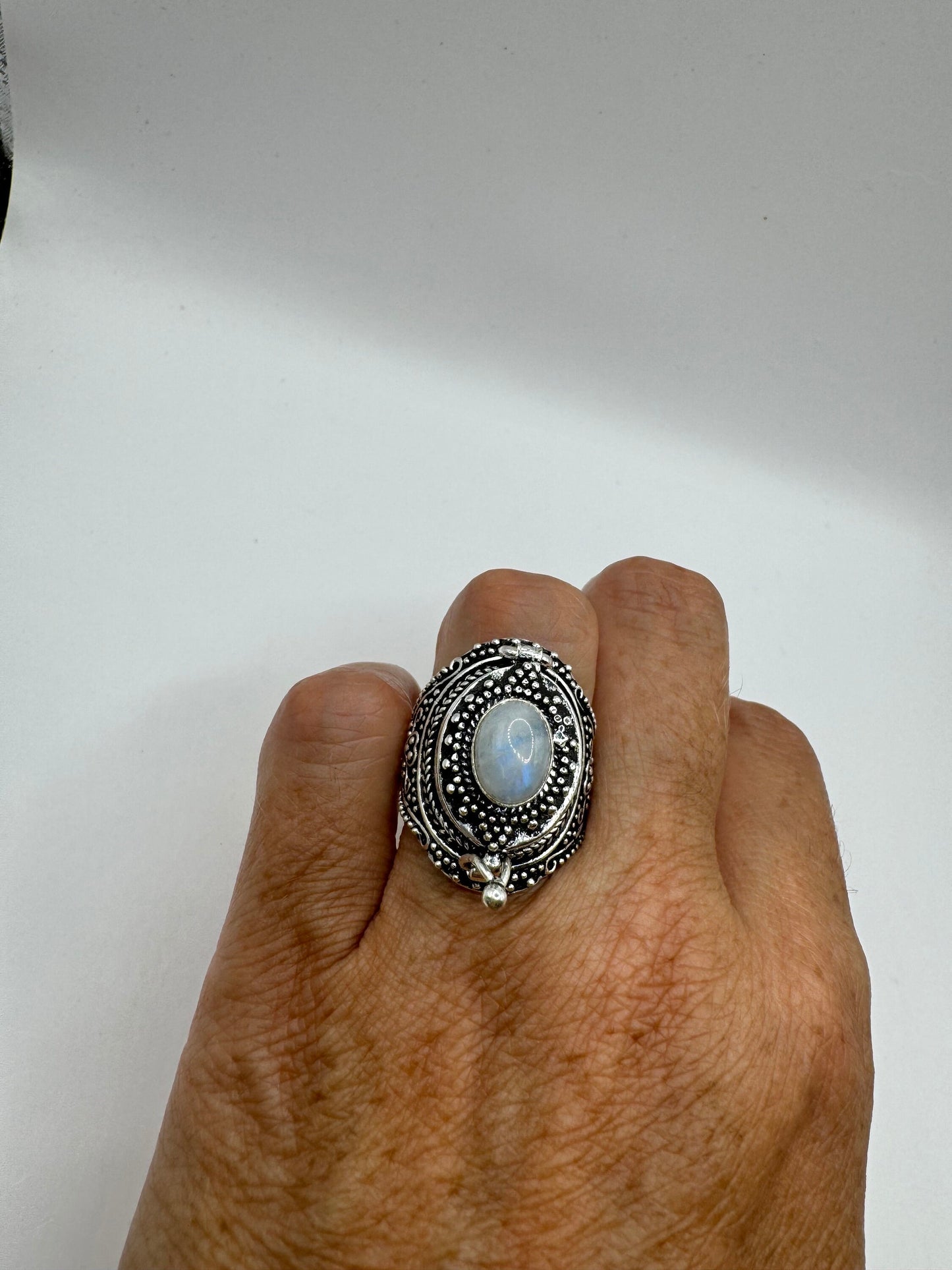 Vintage Blue Rainbow Moonstone White Bronze Poison Pillbox Ring