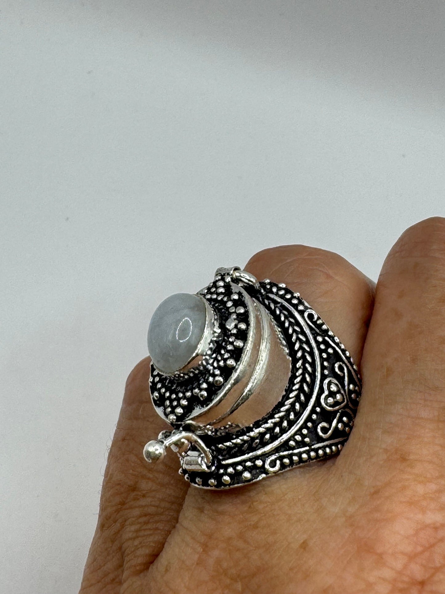 Vintage Blue Rainbow Moonstone White Bronze Poison Pillbox Ring