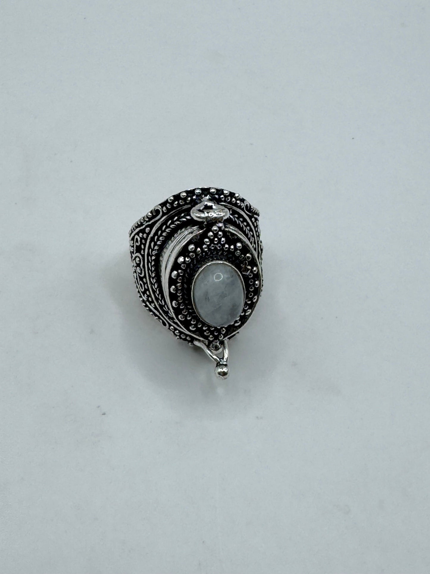 Vintage Blue Rainbow Moonstone White Bronze Poison Pillbox Ring