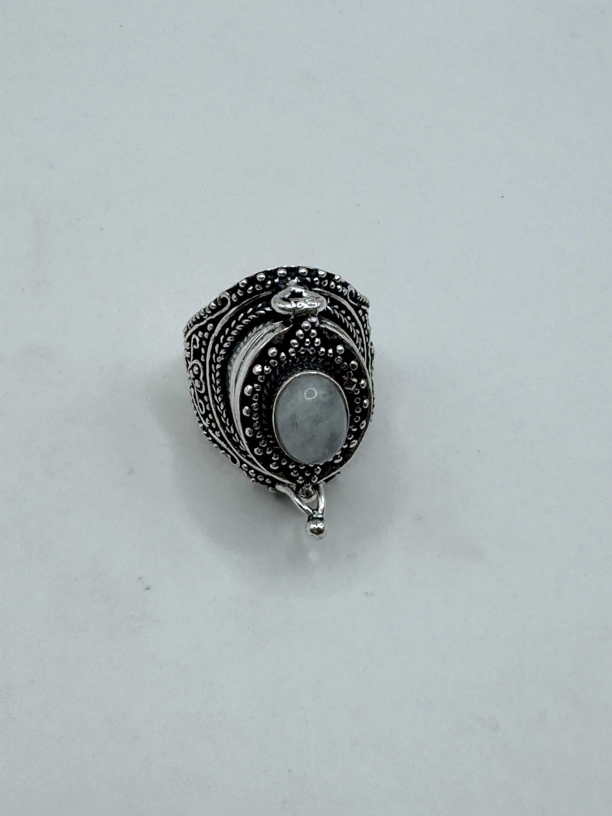 Vintage Blue Rainbow Moonstone White Bronze Poison Pillbox Ring