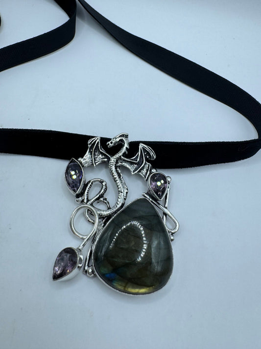 Vintage Silver Genuine Rainbow Labradorite Choker Black Velvet Necklace.