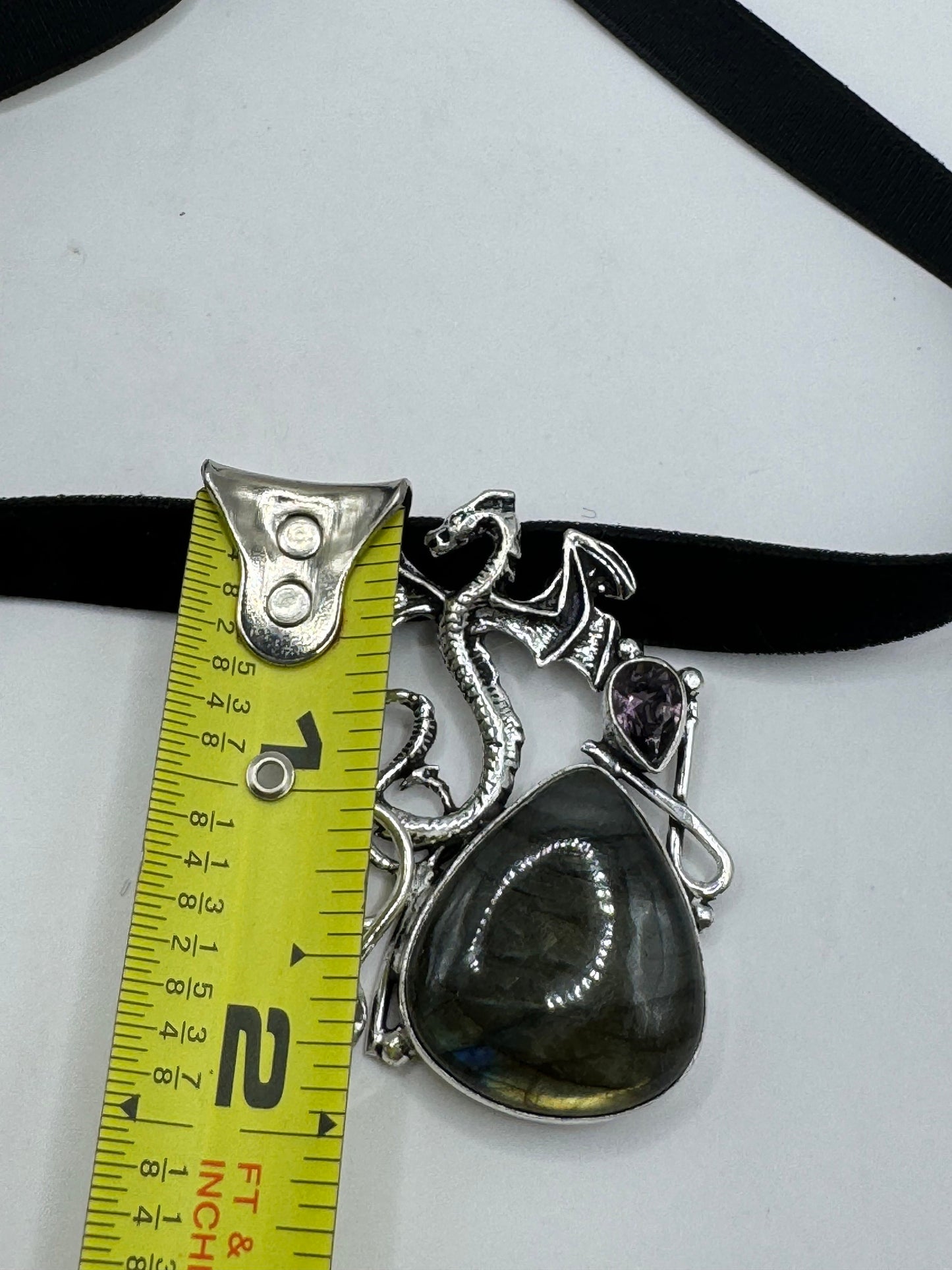 Vintage Silver Genuine Rainbow Labradorite Choker Black Velvet Necklace.