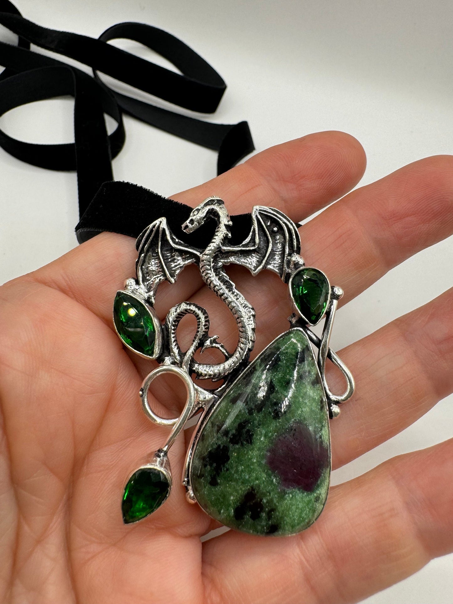 Vintage Silver Genuine Ruby Zoisite Choker Black Velvet Necklace.