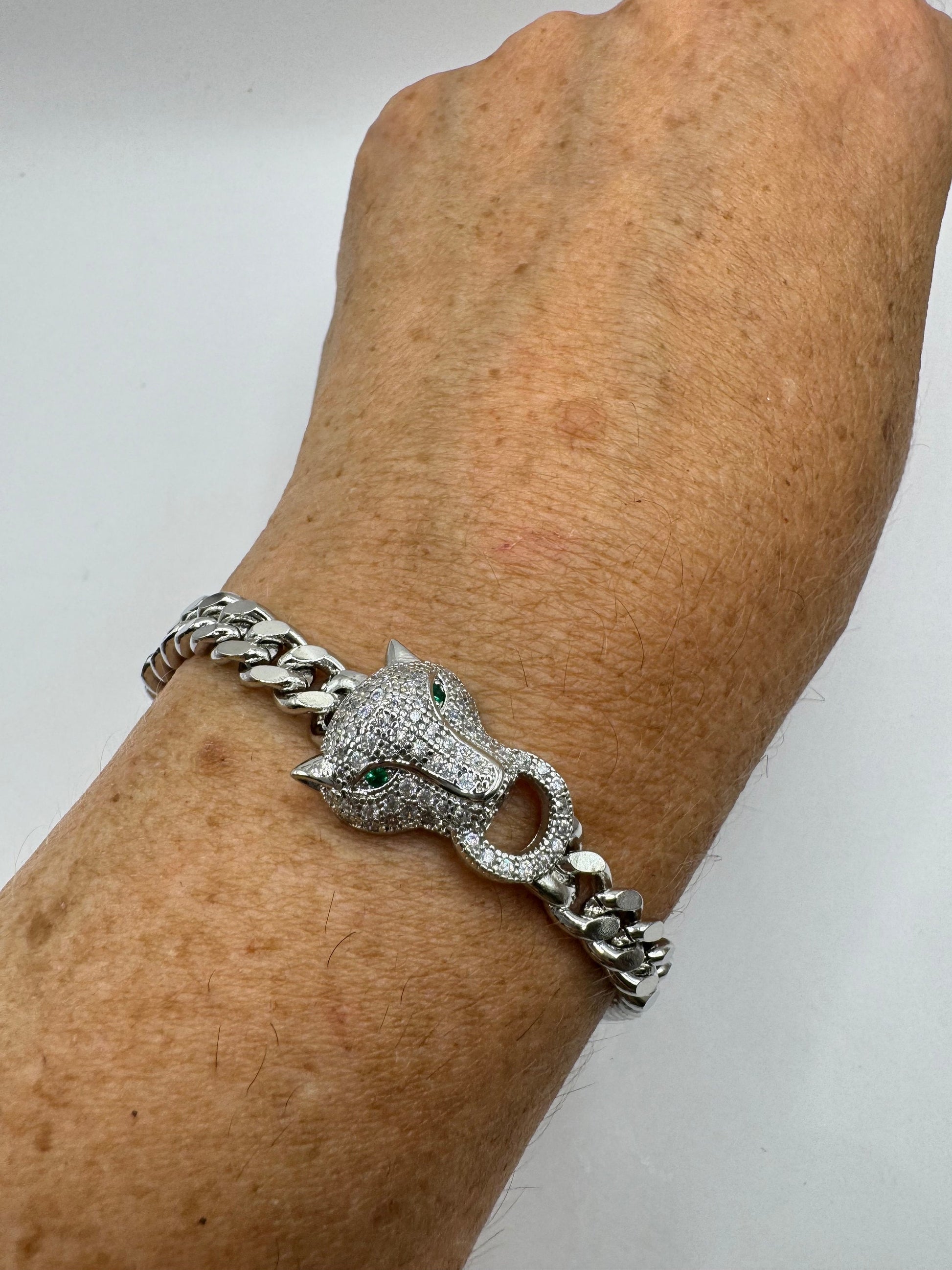 Vintage Cougar Cat Bracelet White Gold filled Green Crystal Eyes