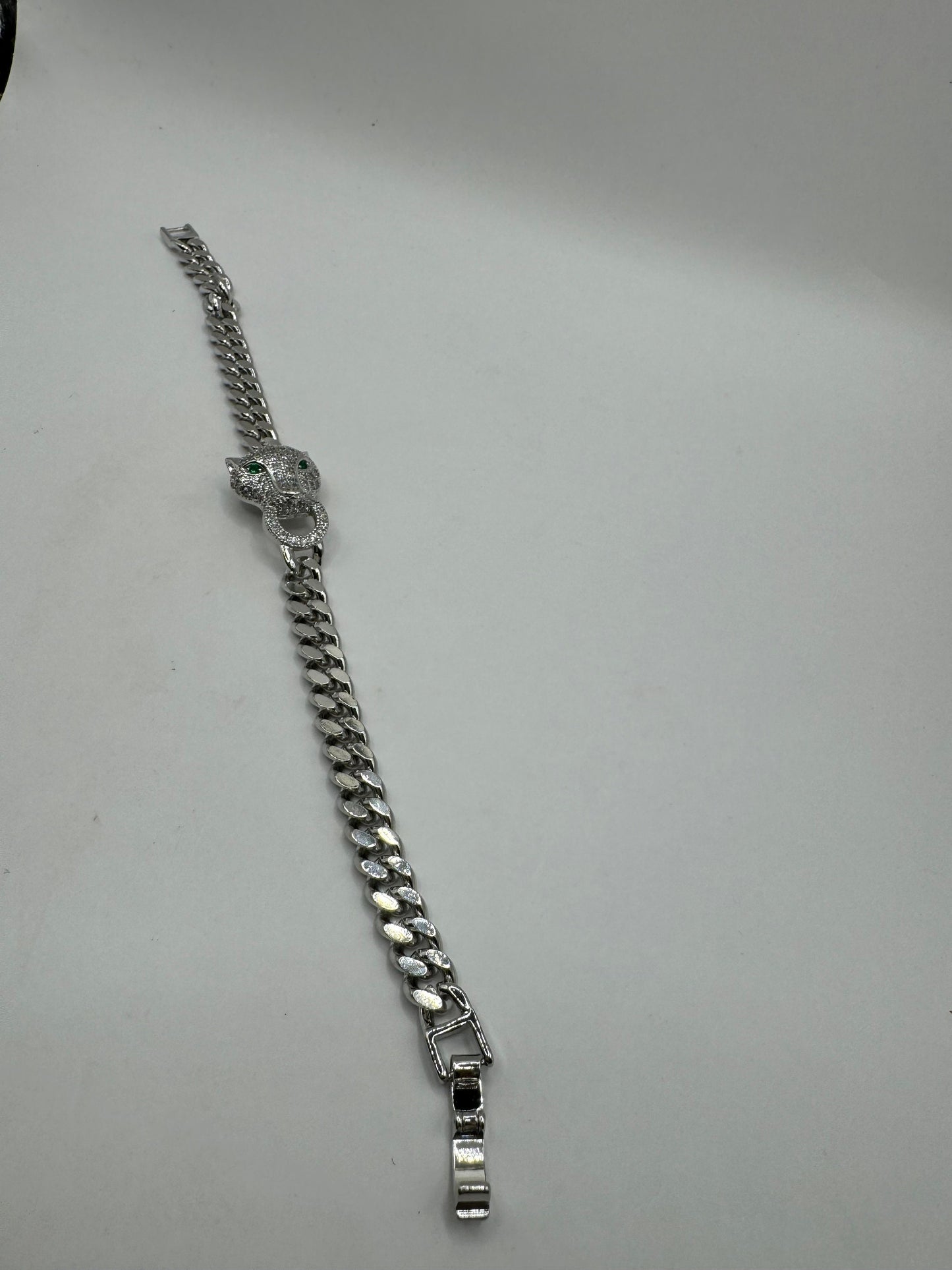 Vintage Cougar Cat Bracelet White Gold filled Green Crystal Eyes