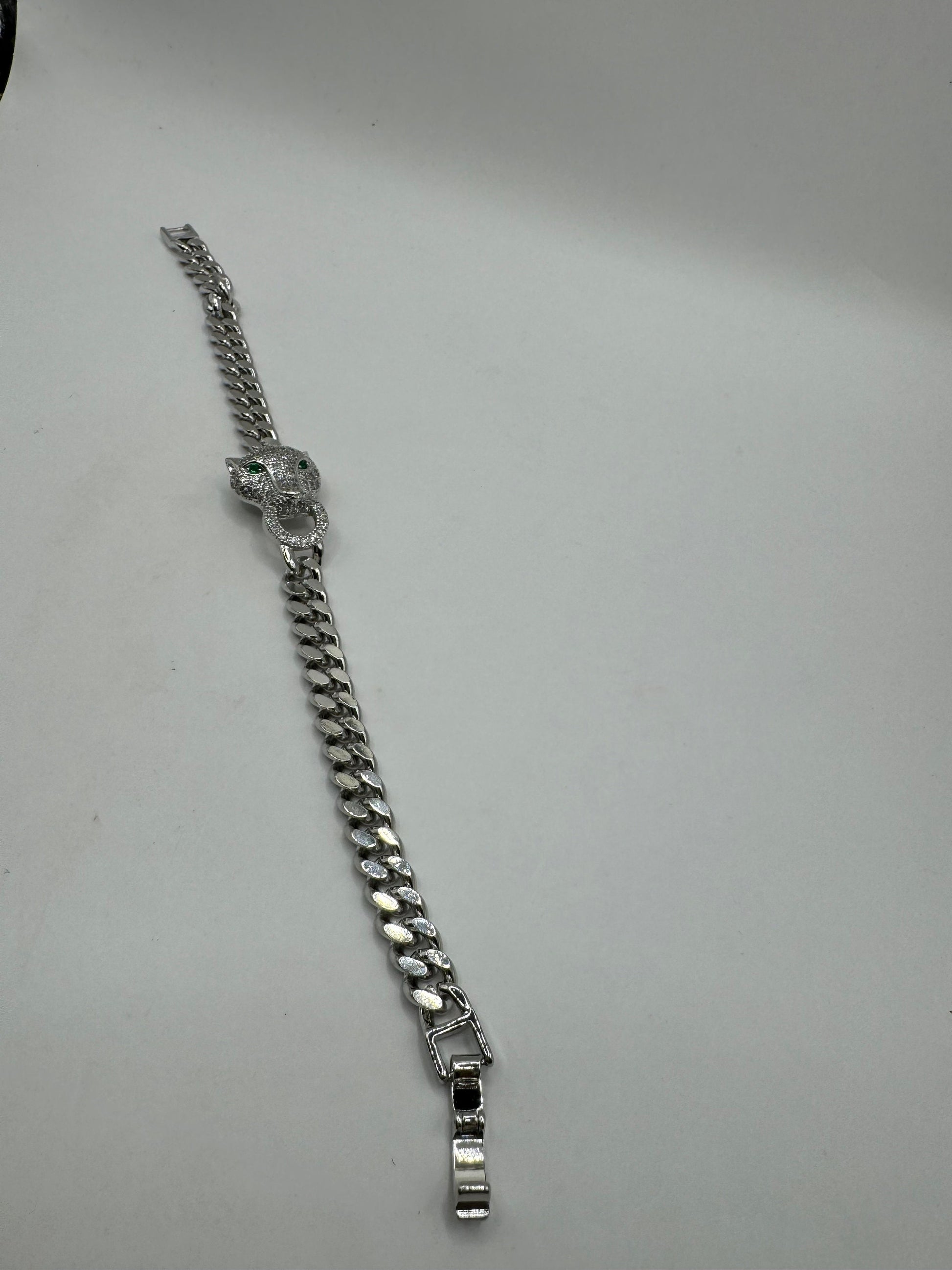 Vintage Cougar Cat Bracelet White Gold filled Green Crystal Eyes