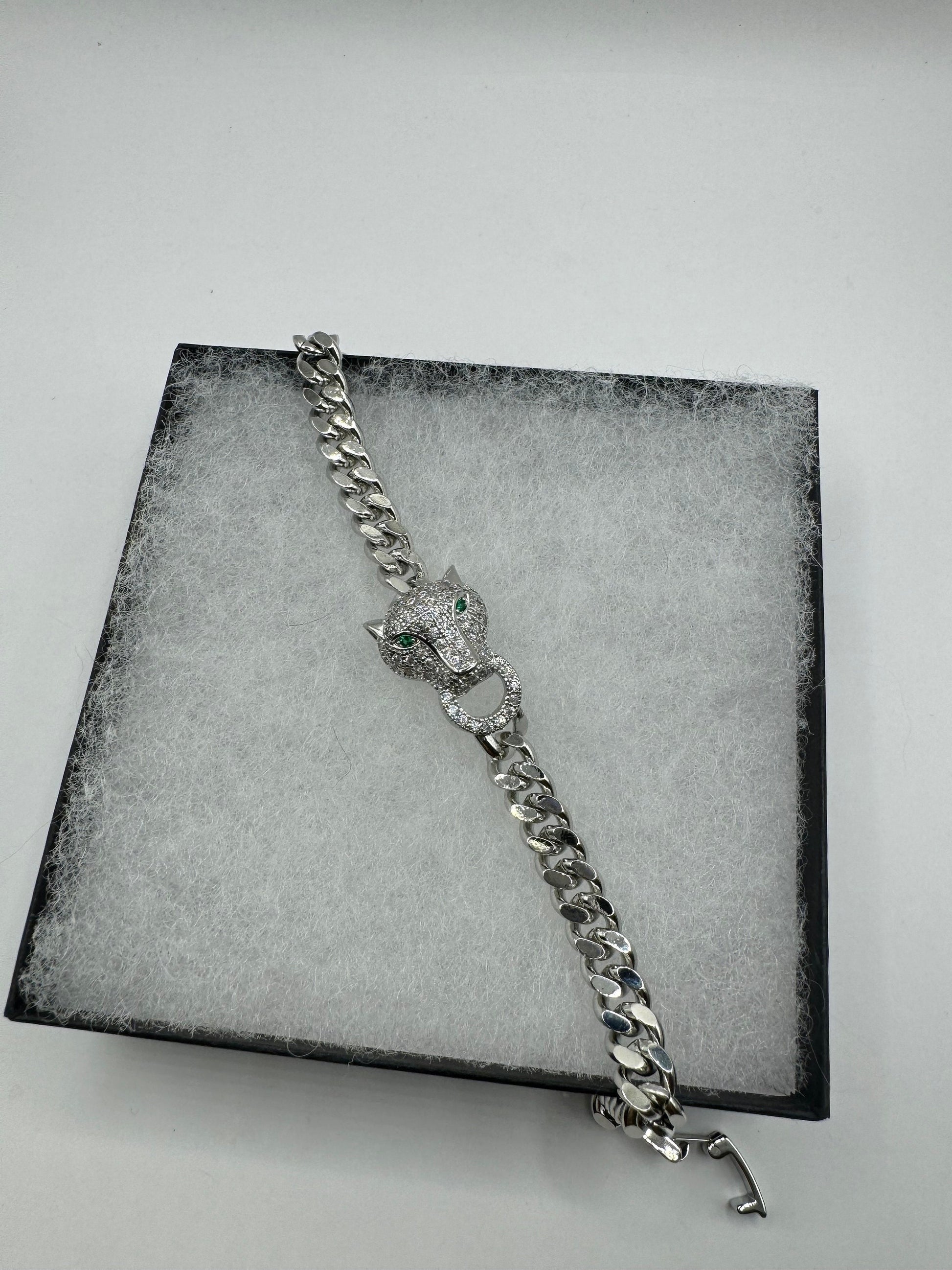 Vintage Cougar Cat Bracelet White Gold filled Green Crystal Eyes