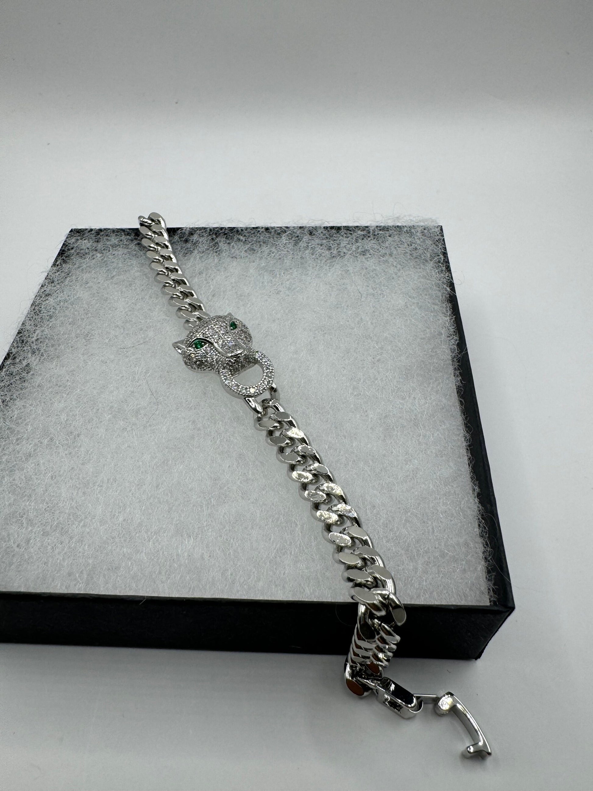 Vintage Cougar Cat Bracelet White Gold filled Green Crystal Eyes