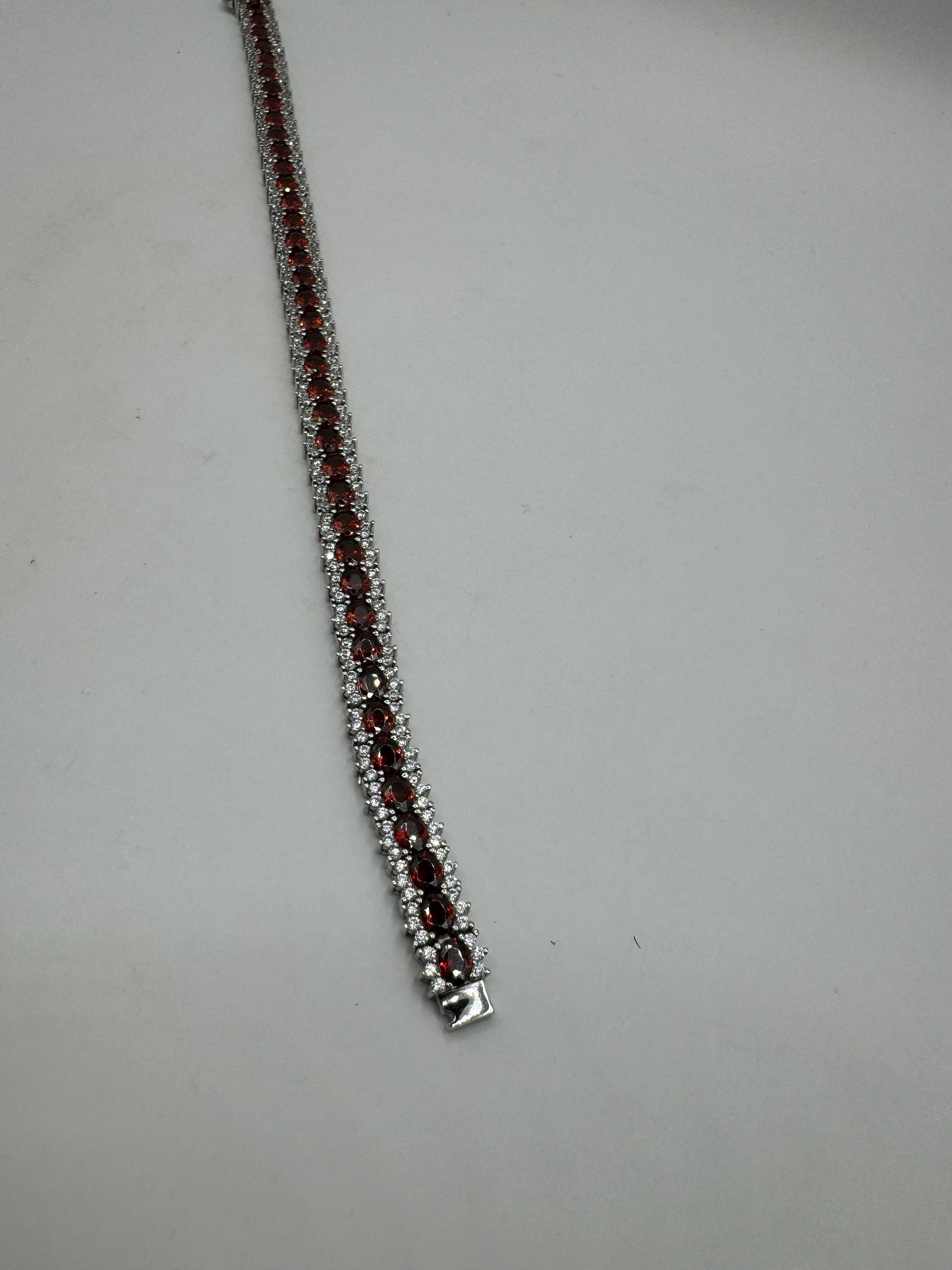 Bohemian Red Garnet Bracelet in 925 Sterling Silver Vintage 7.5 Inch