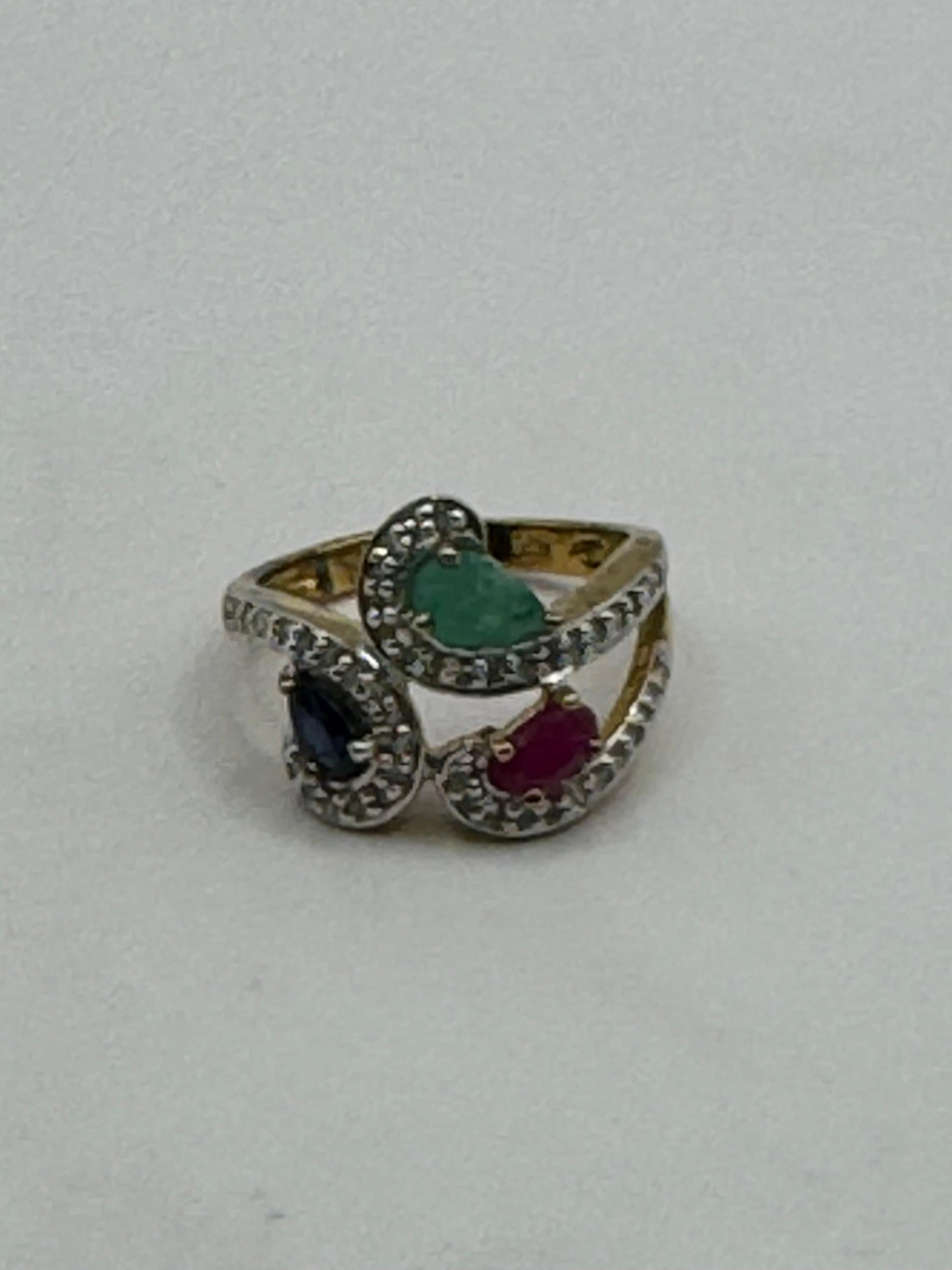 Vintage Emerald, Ruby, Sapphire Diamond Gold 925 Sterling Silver Cocktail Ring