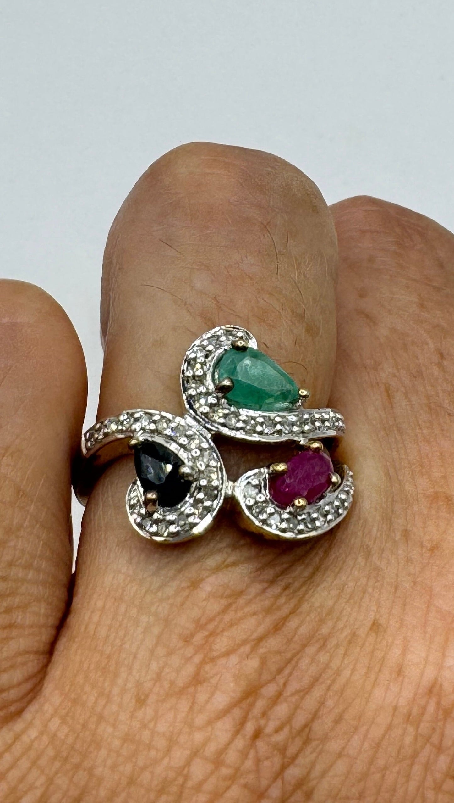 Vintage Emerald, Ruby, Sapphire Diamond Gold 925 Sterling Silver Cocktail Ring