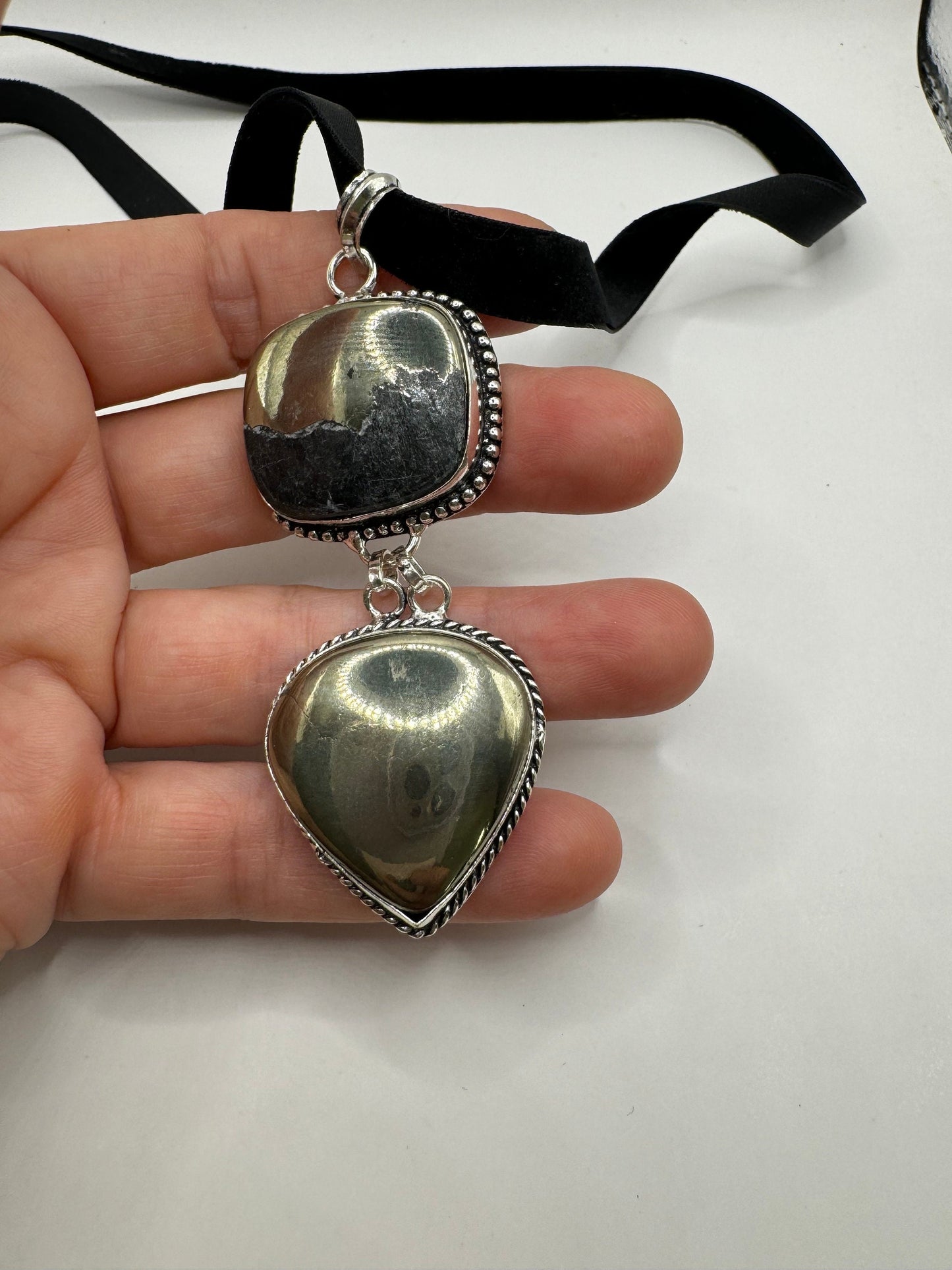 Vintage Silver Genuine Pyrite druzy Dangle Pendant Necklace