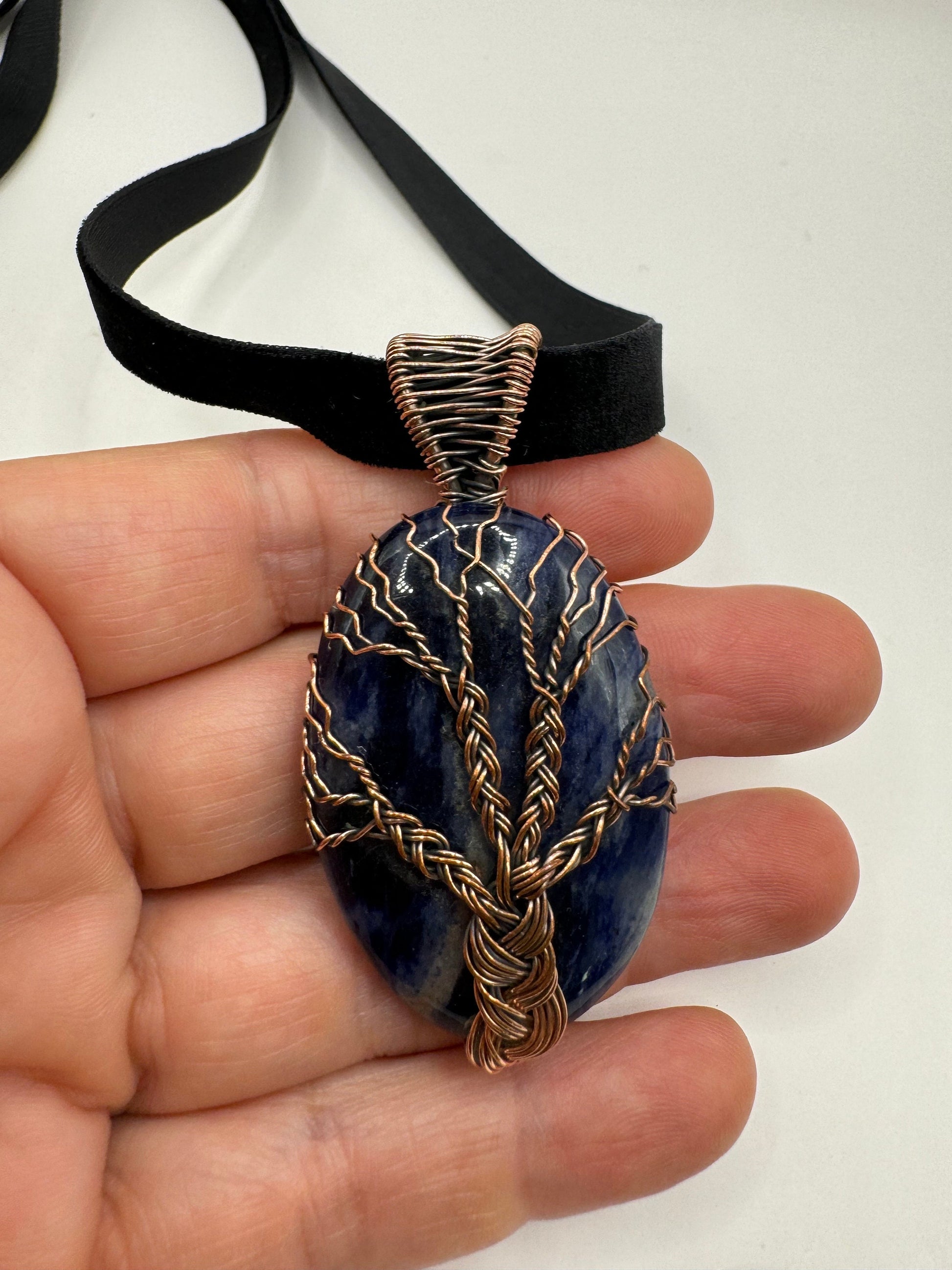 Bohemian Vintage Tree of Life Blue Genuine Sodalite Cloker Necklace Black Velvet ribbon