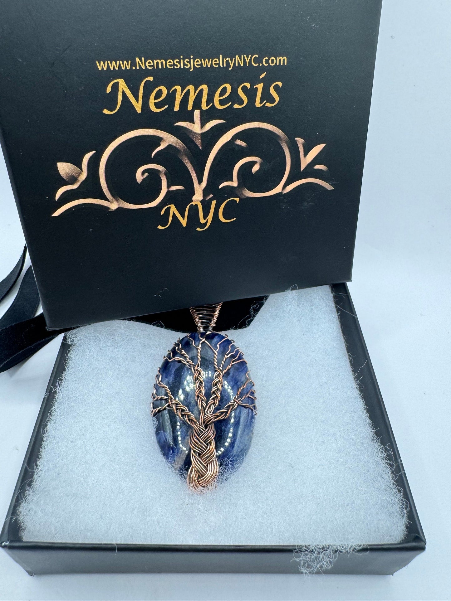 Bohemian Vintage Tree of Life Blue Genuine Sodalite Cloker Necklace Black Velvet ribbon