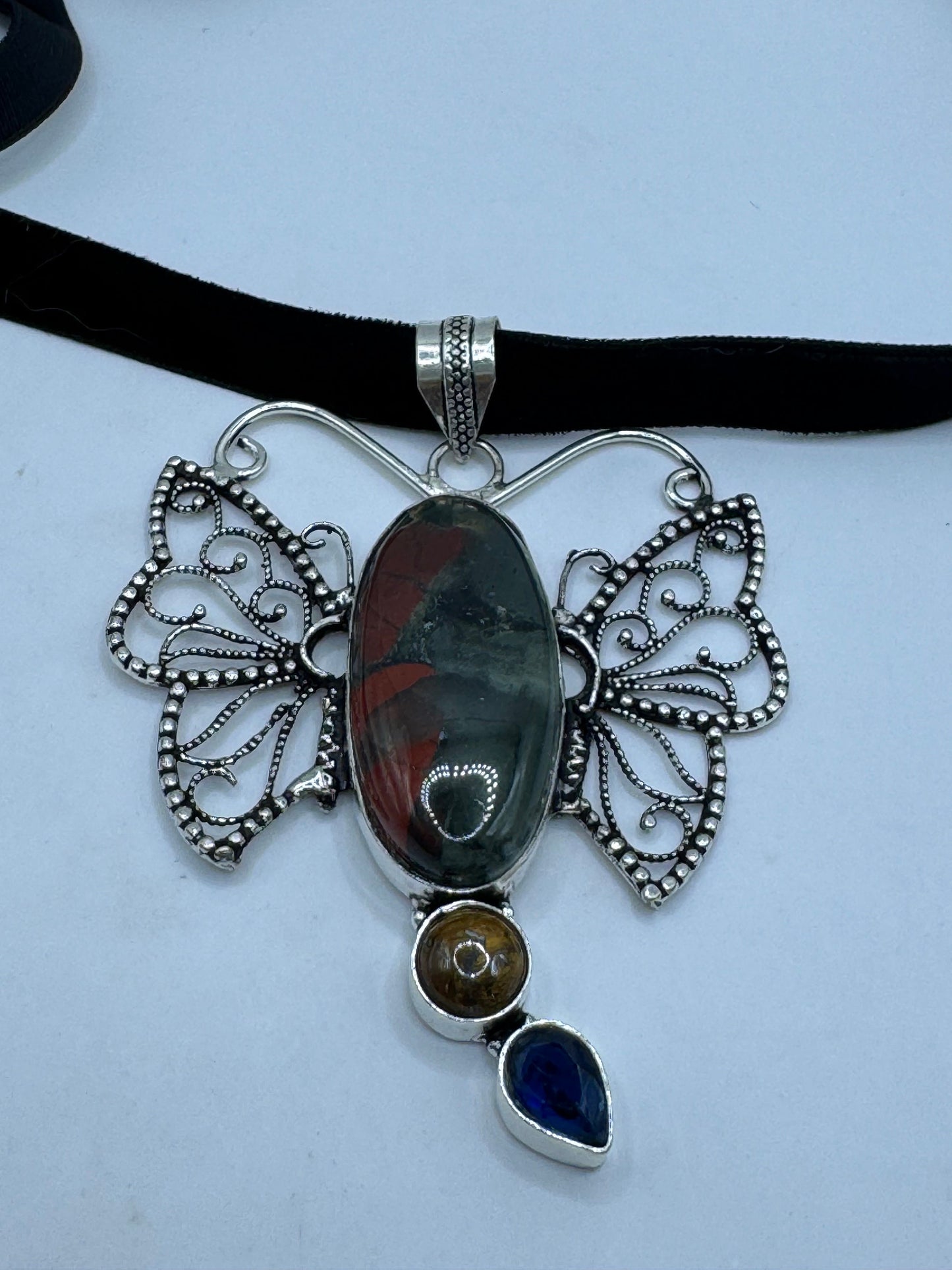 Vintage Green Bloodstone Silver Boho Choker Necklace Black Velevet Ribbon
