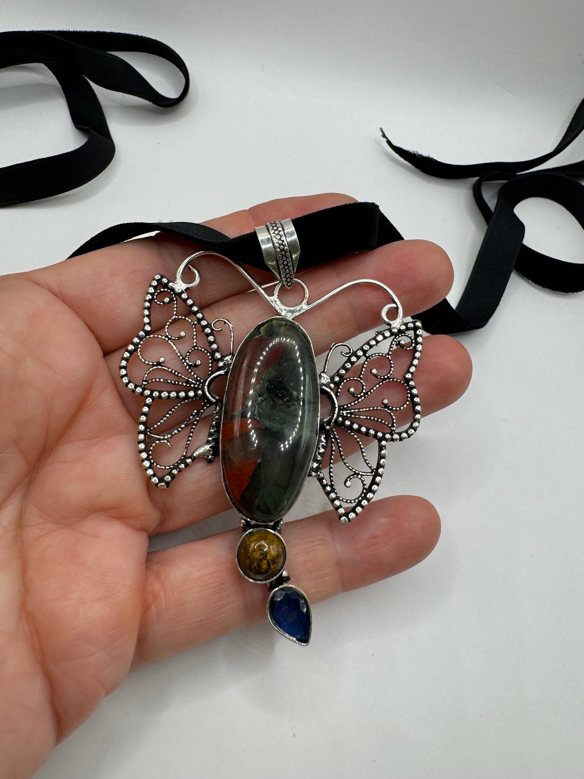 Vintage Green Bloodstone Silver Boho Choker Necklace Black Velevet Ribbon