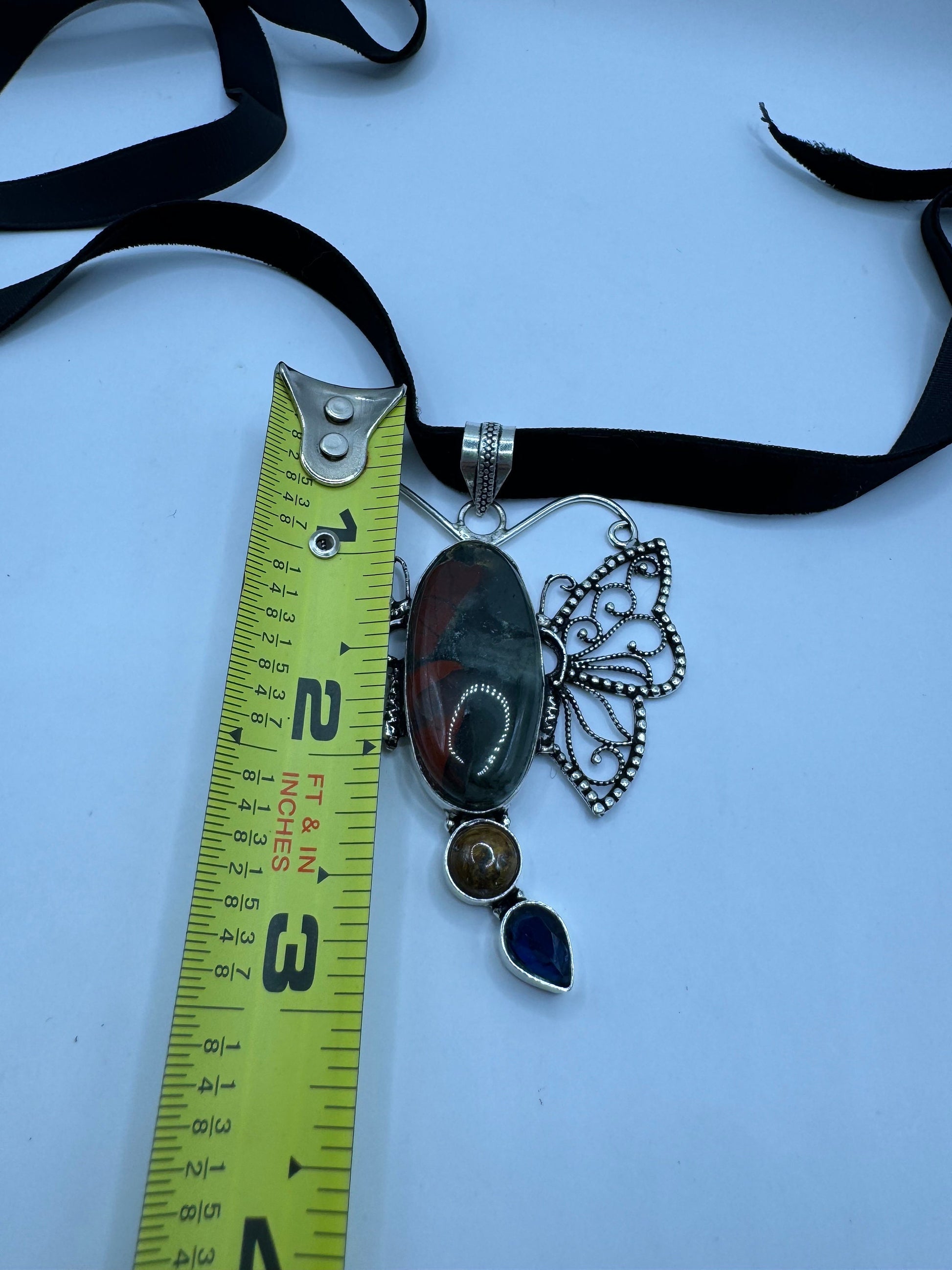 Vintage Green Bloodstone Silver Boho Choker Necklace Black Velevet Ribbon