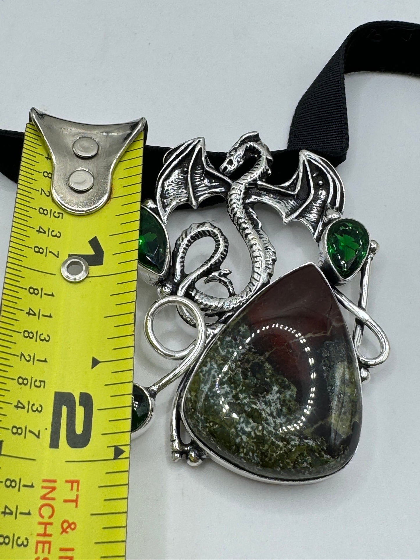 Vintage Green Bloodstone Dragonfly Silver Boho Choker Necklace Black Velevet Ribbon