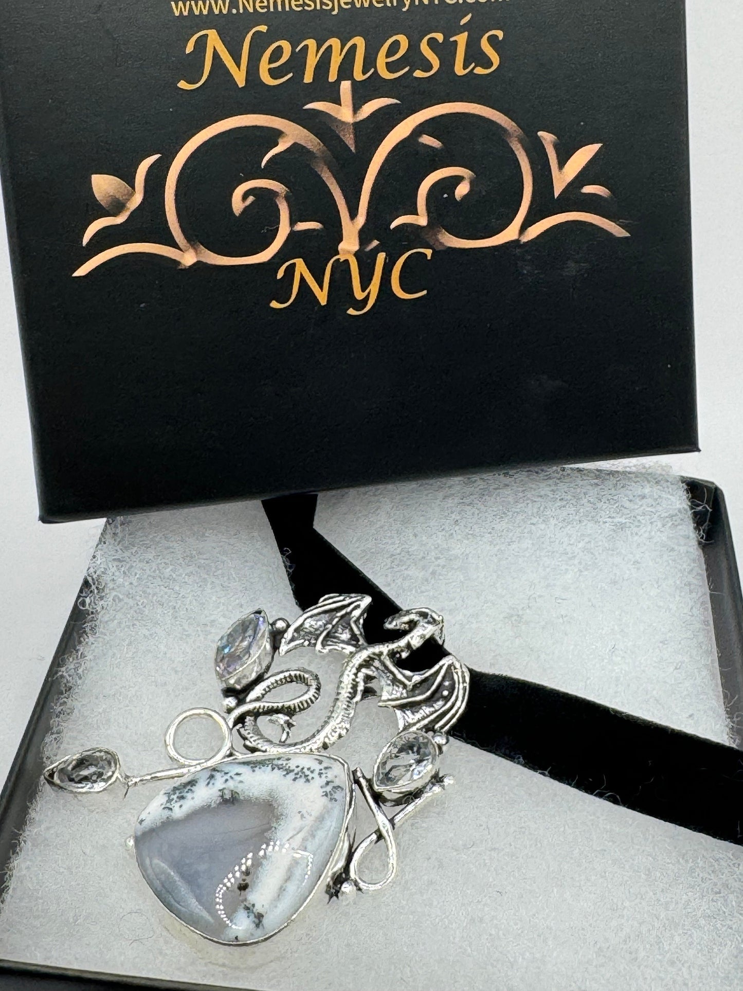 Vintage White Agate Dragon Silver Boho Choker Necklace Black Velevet Ribbon